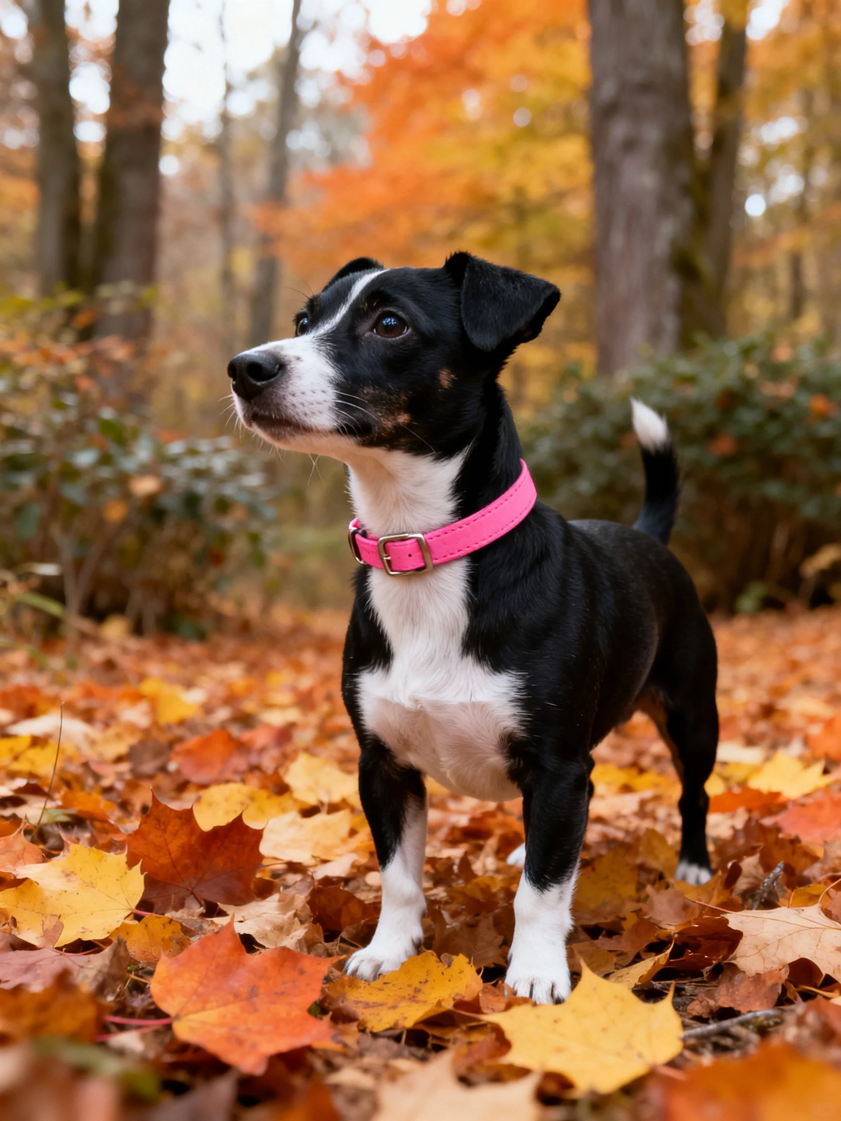 A small black-and-white dog with a pink collar stands among autumn leaves in a forest.