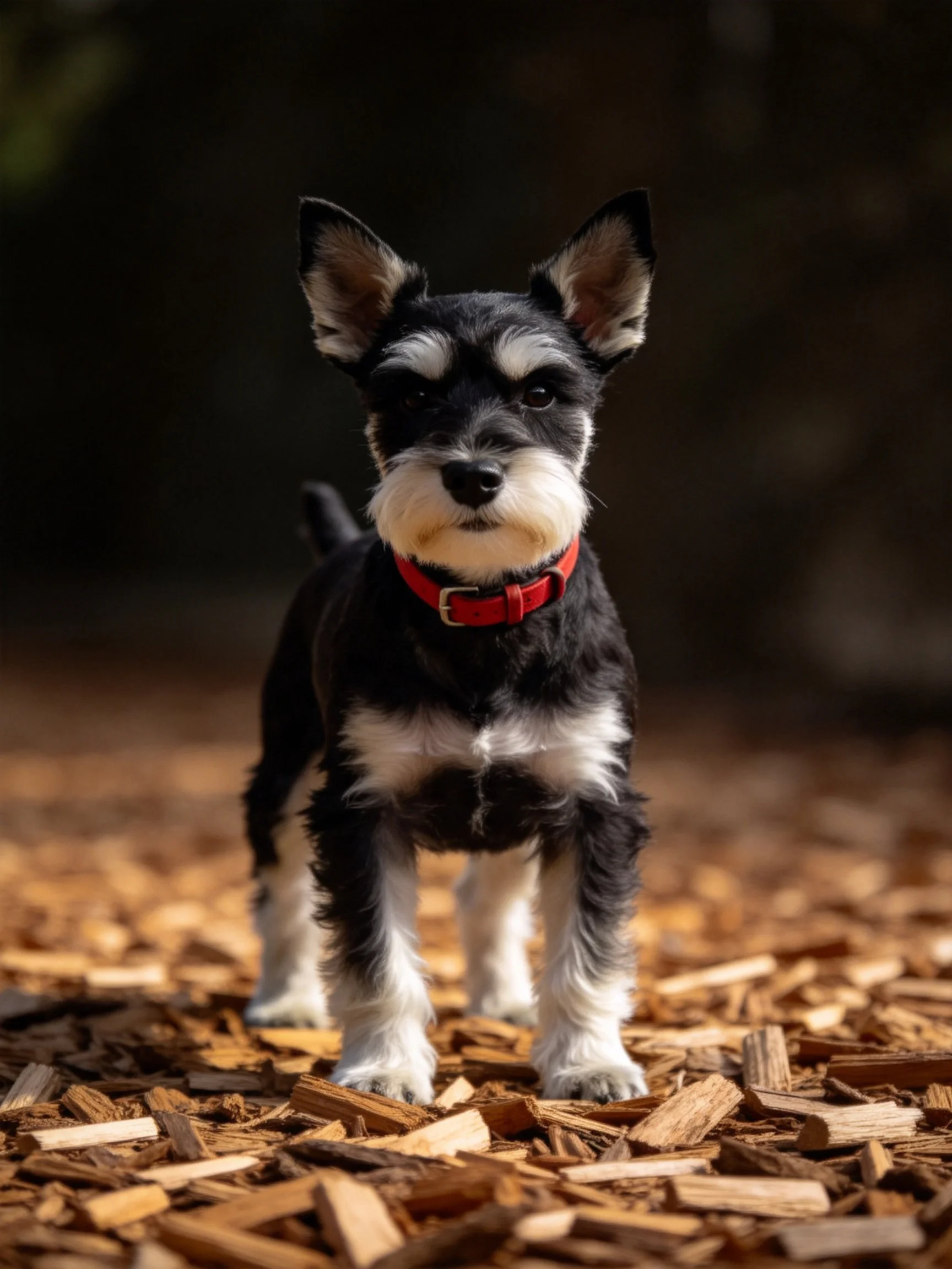 A small black and white dog with a red collar stands on wood chips under soft lighting.