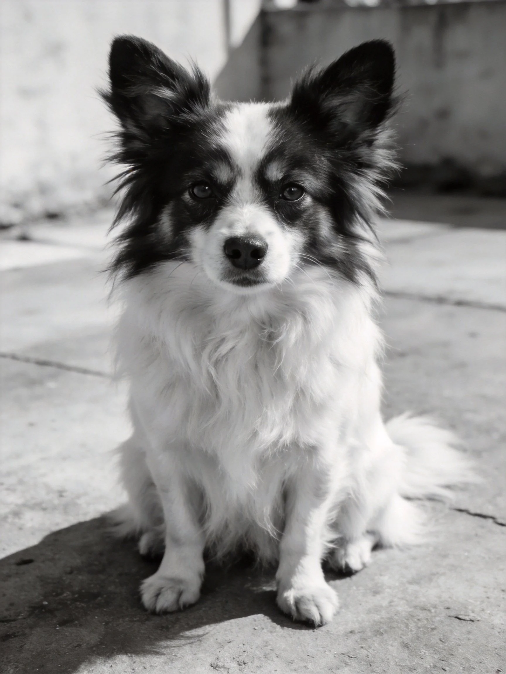 A small black-and-white dog sits on a concrete surface.
