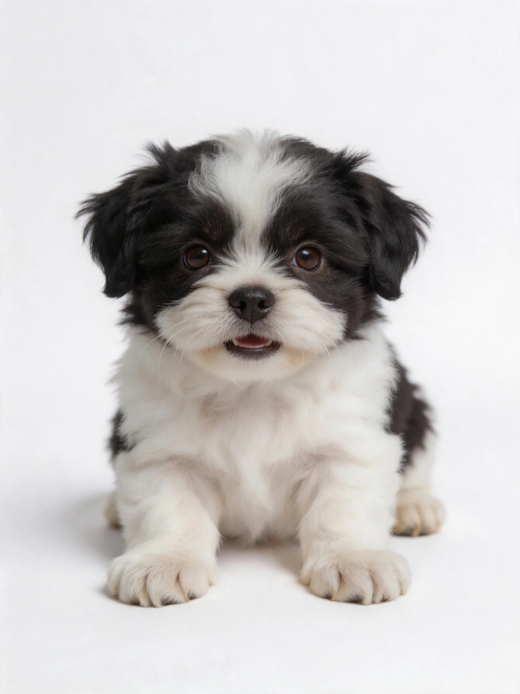 A small black-and-white puppy sits attentively on a plain white surface.