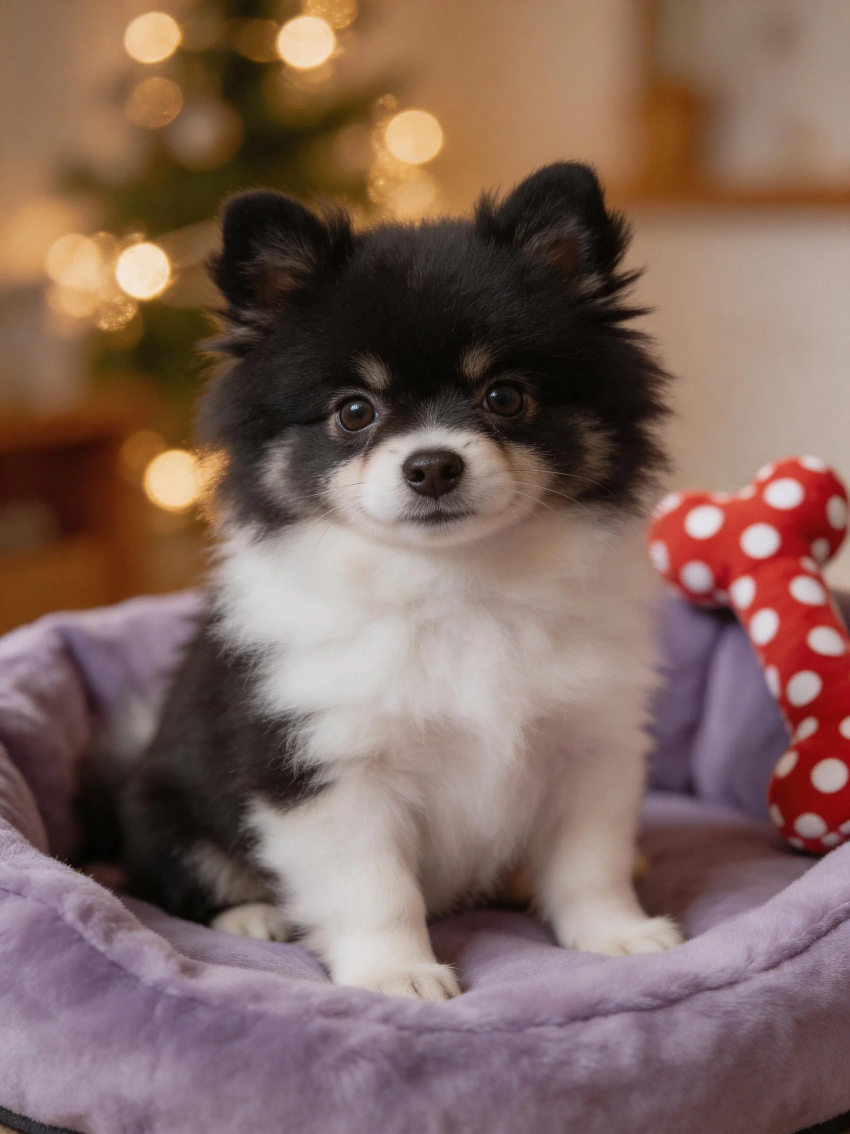 A small black and white puppy sits in a purple bed with a red polka dot toy nearby.