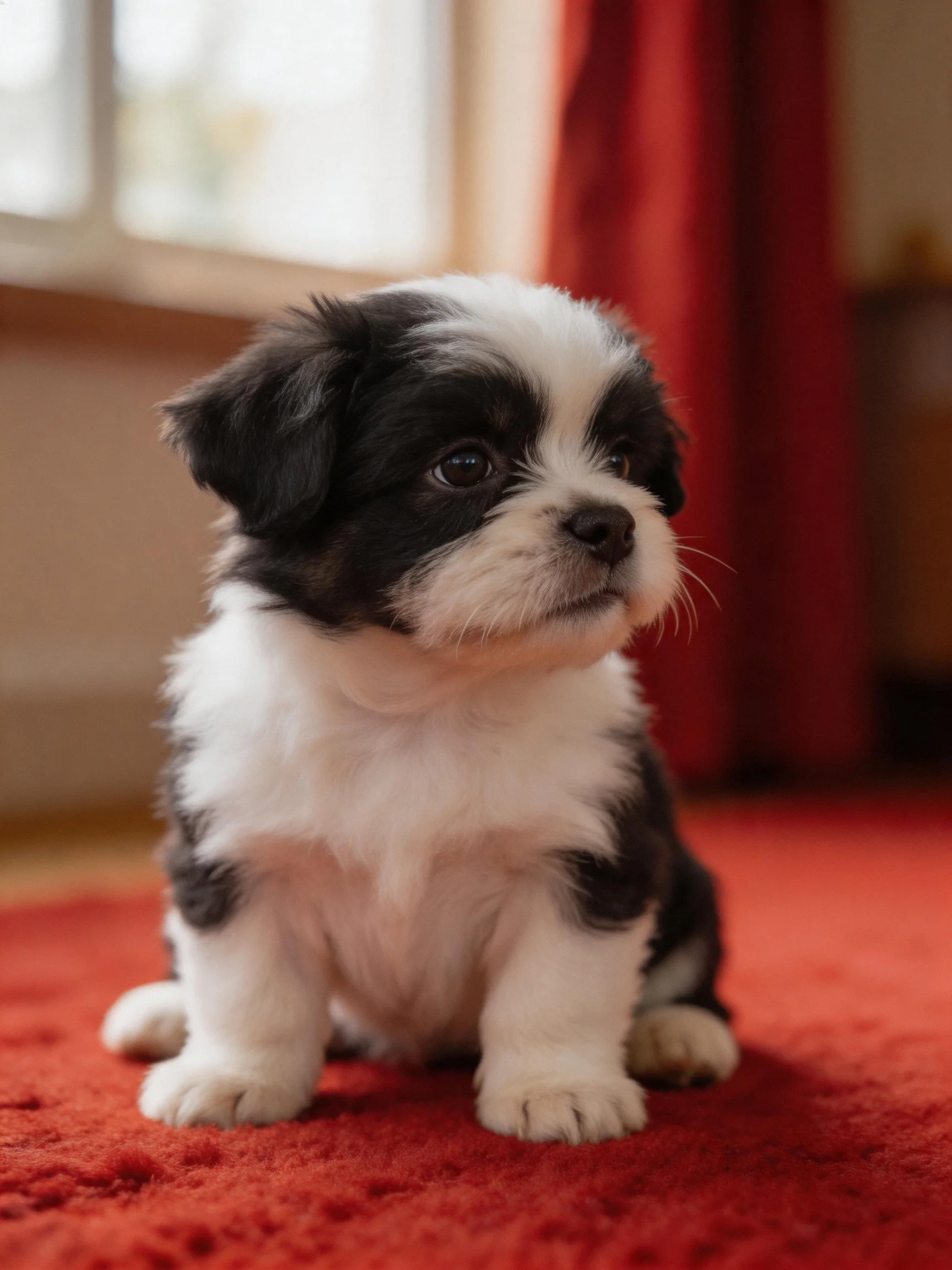 A small black and white puppy sits calmly on a red carpet indoors.