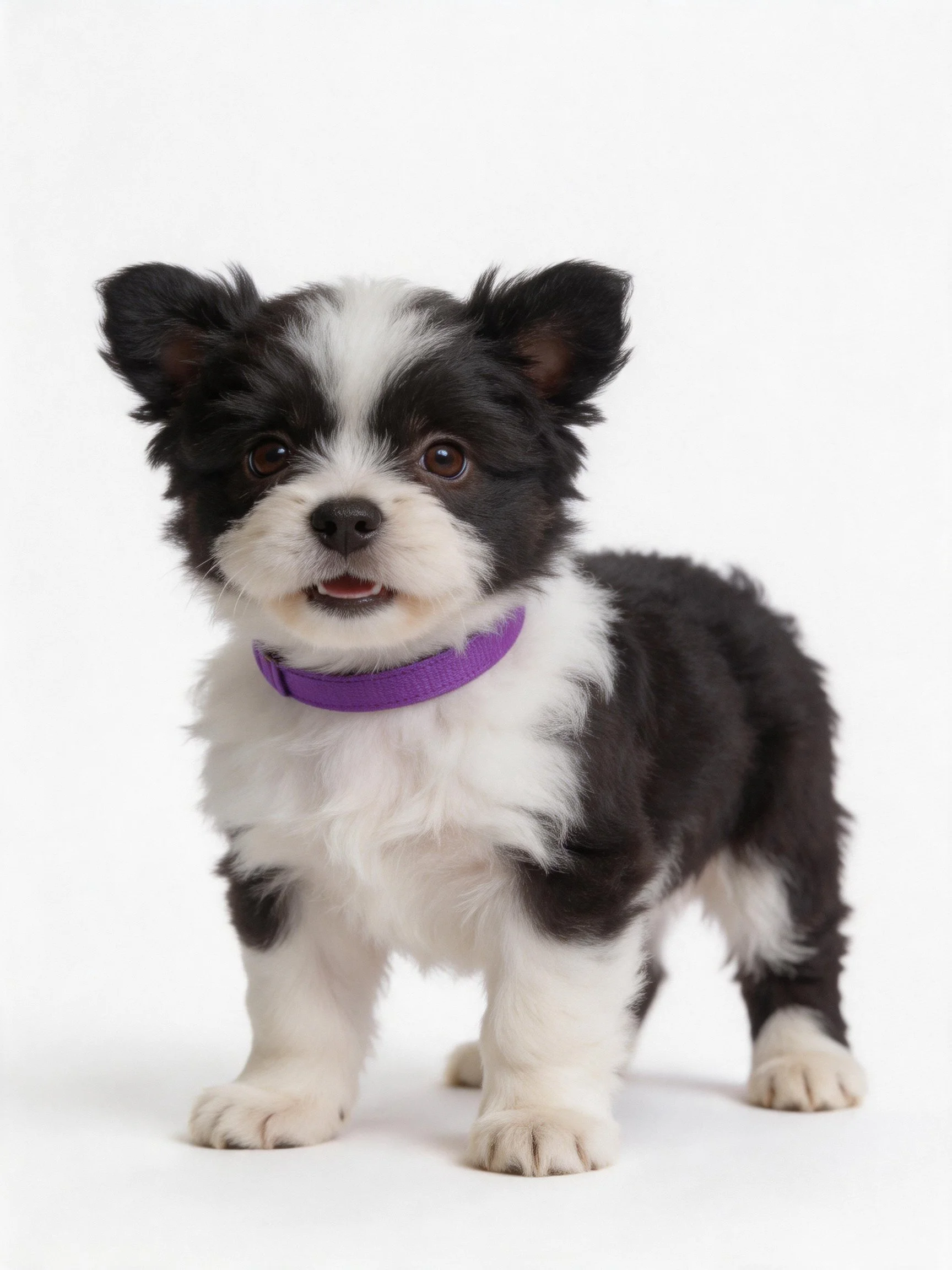A small black and white puppy with a purple collar stands on a white surface