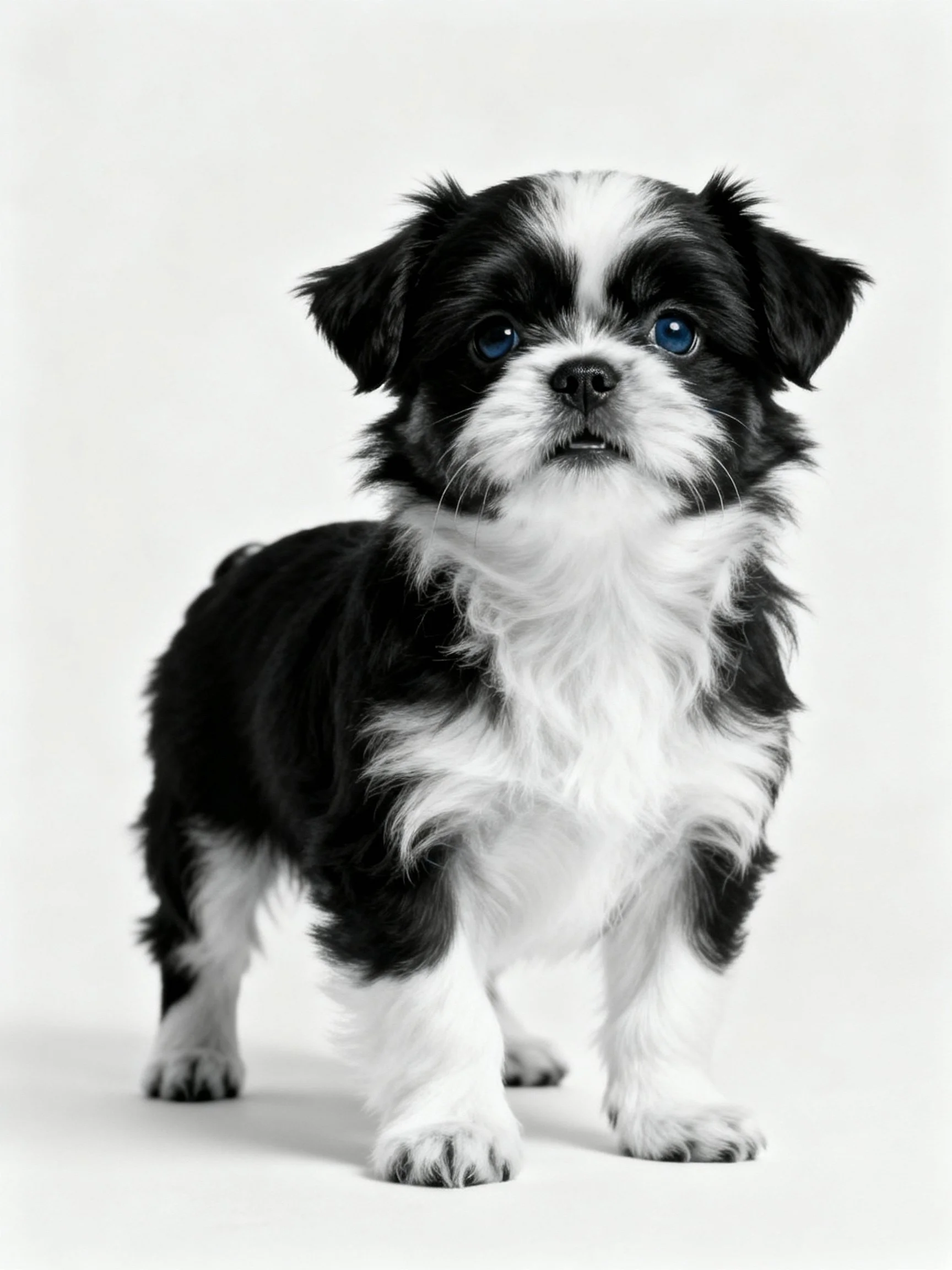 A small black and white puppy stands out against a plain white backdrop.
