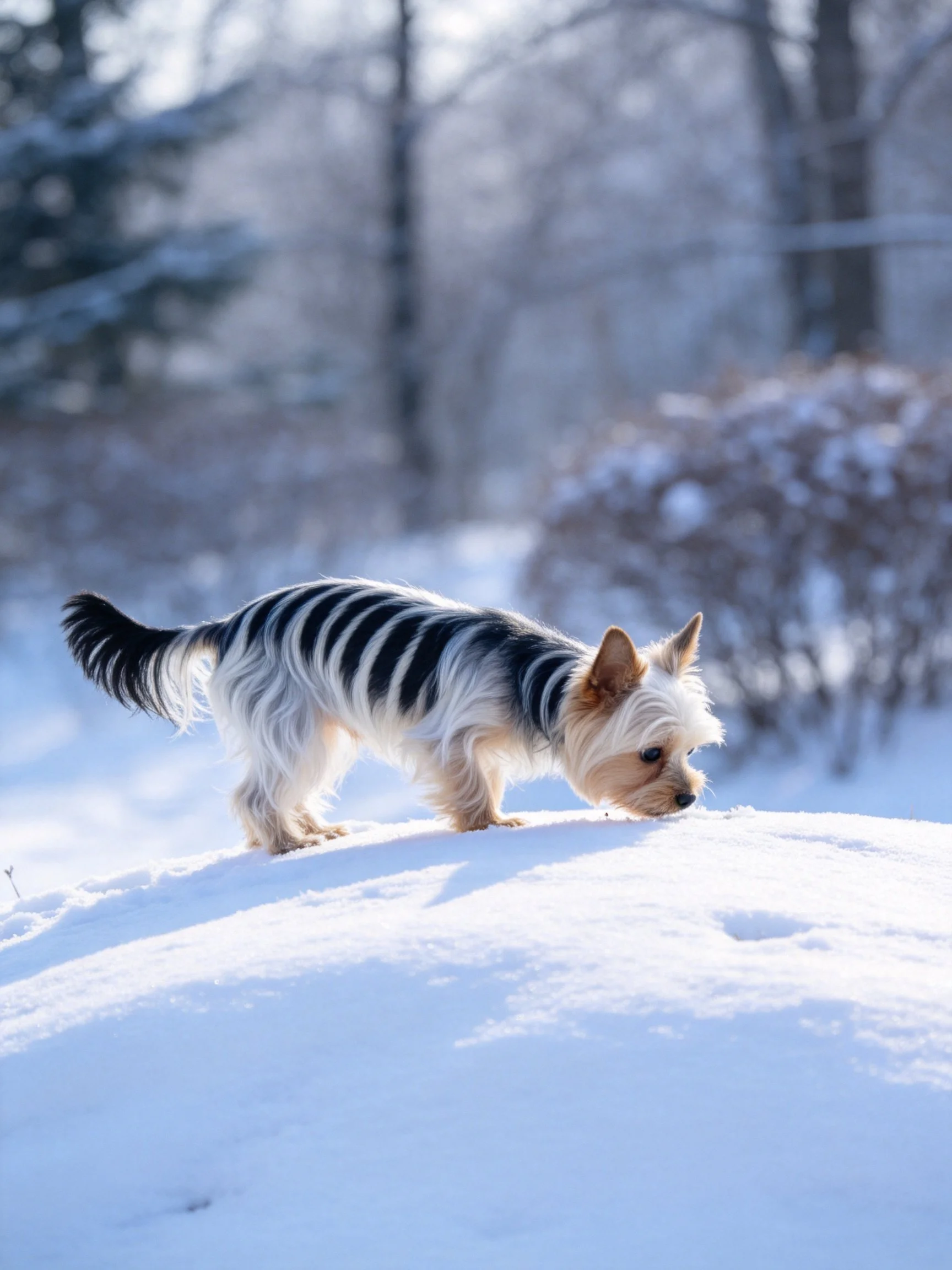 A small striped dog sniffs the snow in a winter landscape.