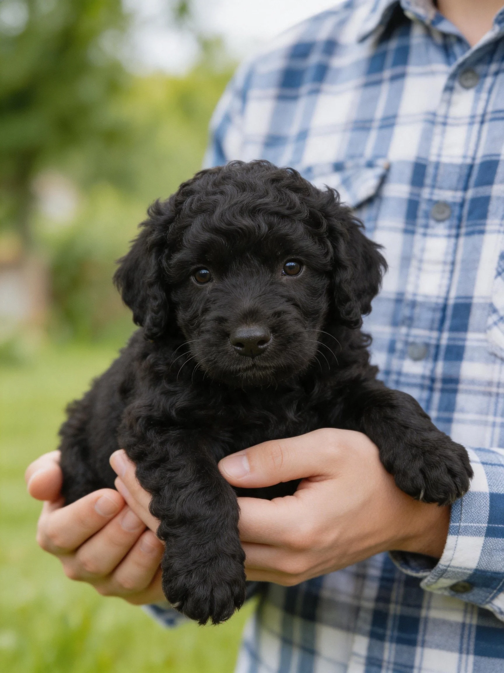 A small black curly-haired puppy is held by a person in a blue plaid shirt in an outdoor setting.