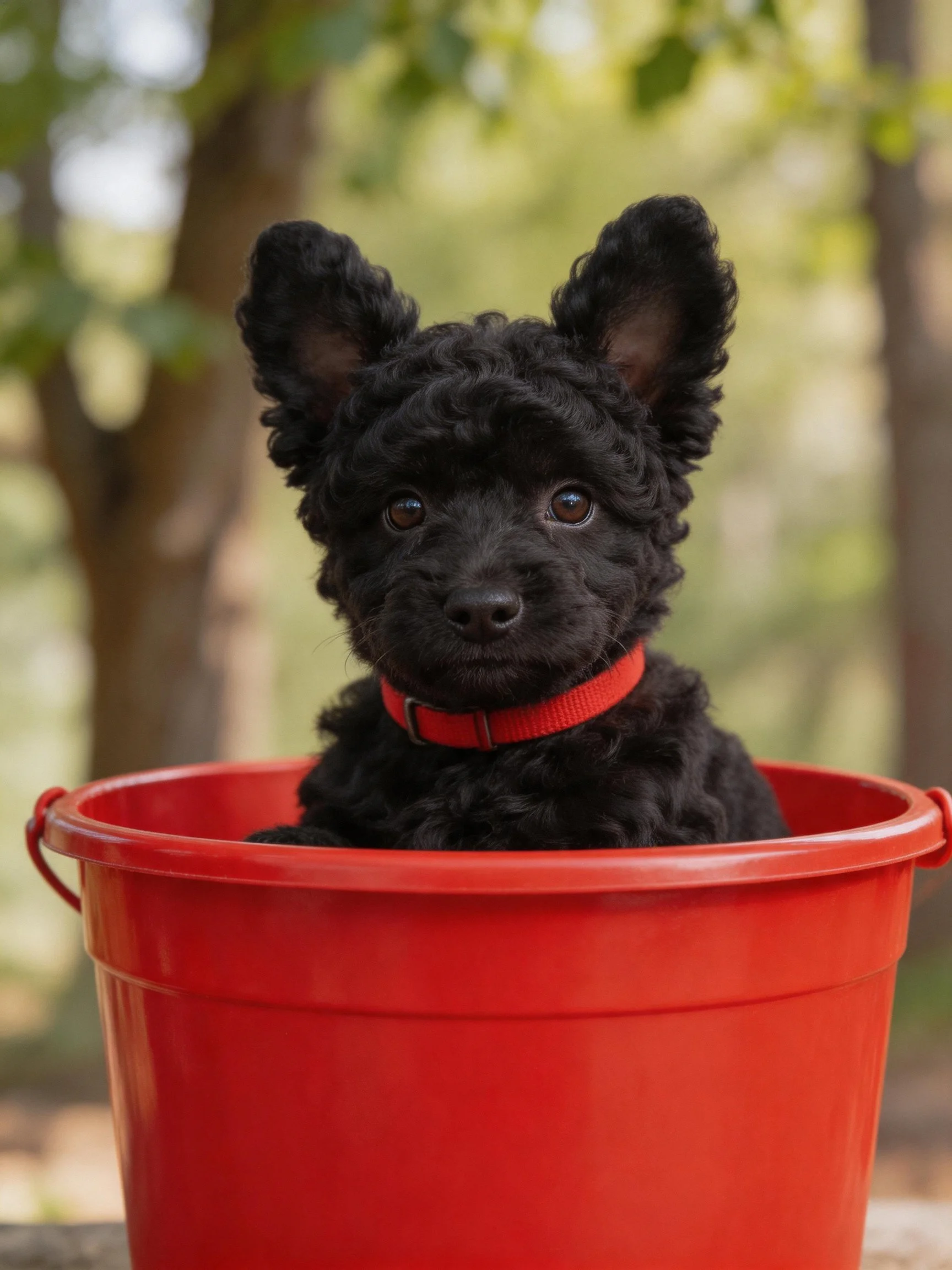 A small black puppy with a red collar sits inside a bright red bucket outdoors.
