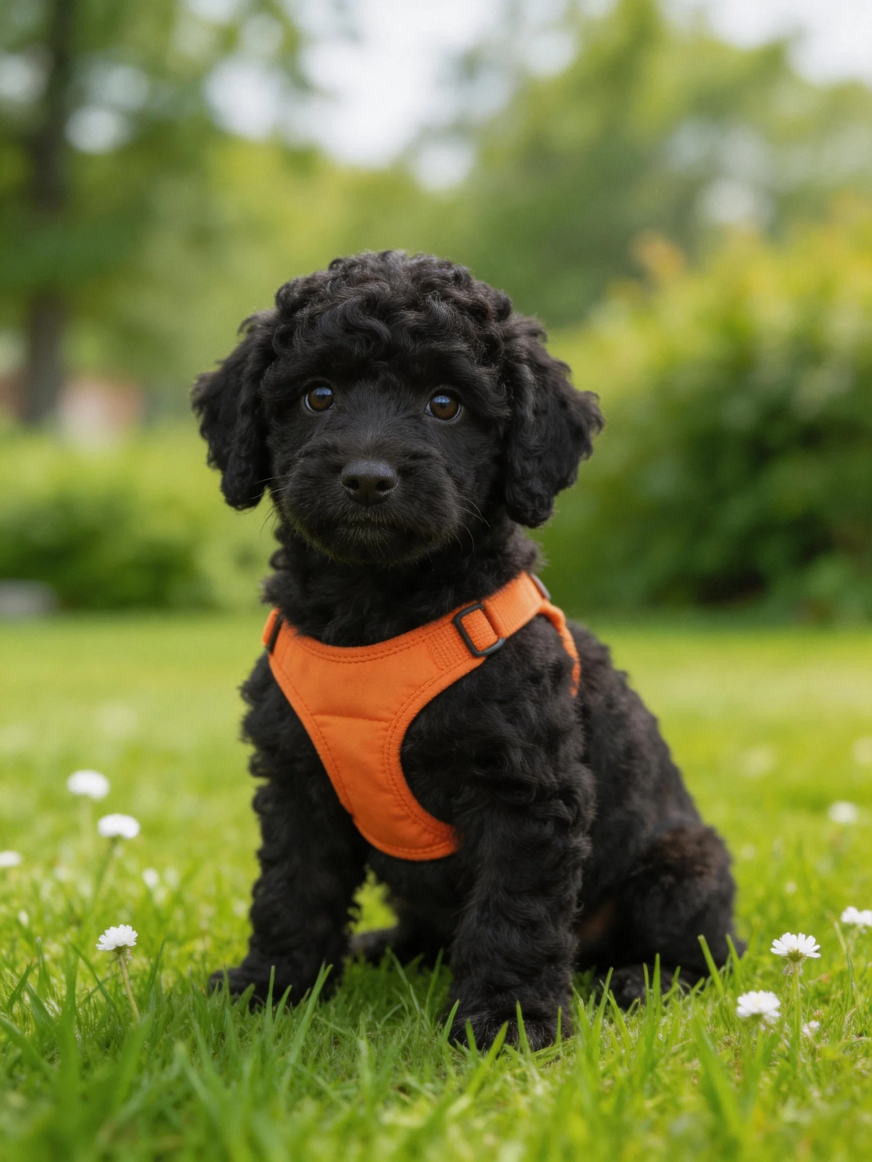 A small black curly-haired puppy in an orange harness sits on grass