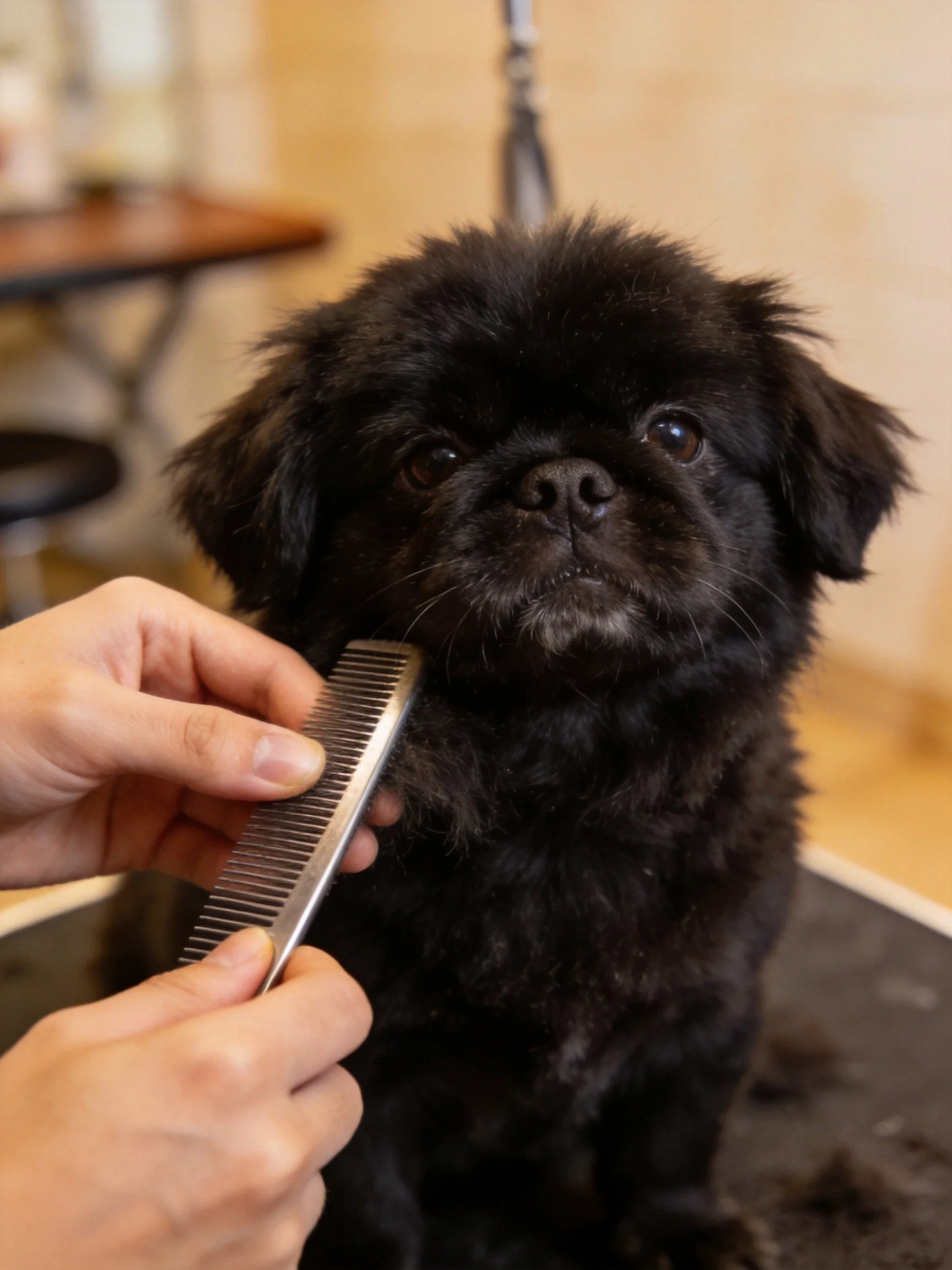 A small black dog remains calm while being groomed with a metal comb indoors.