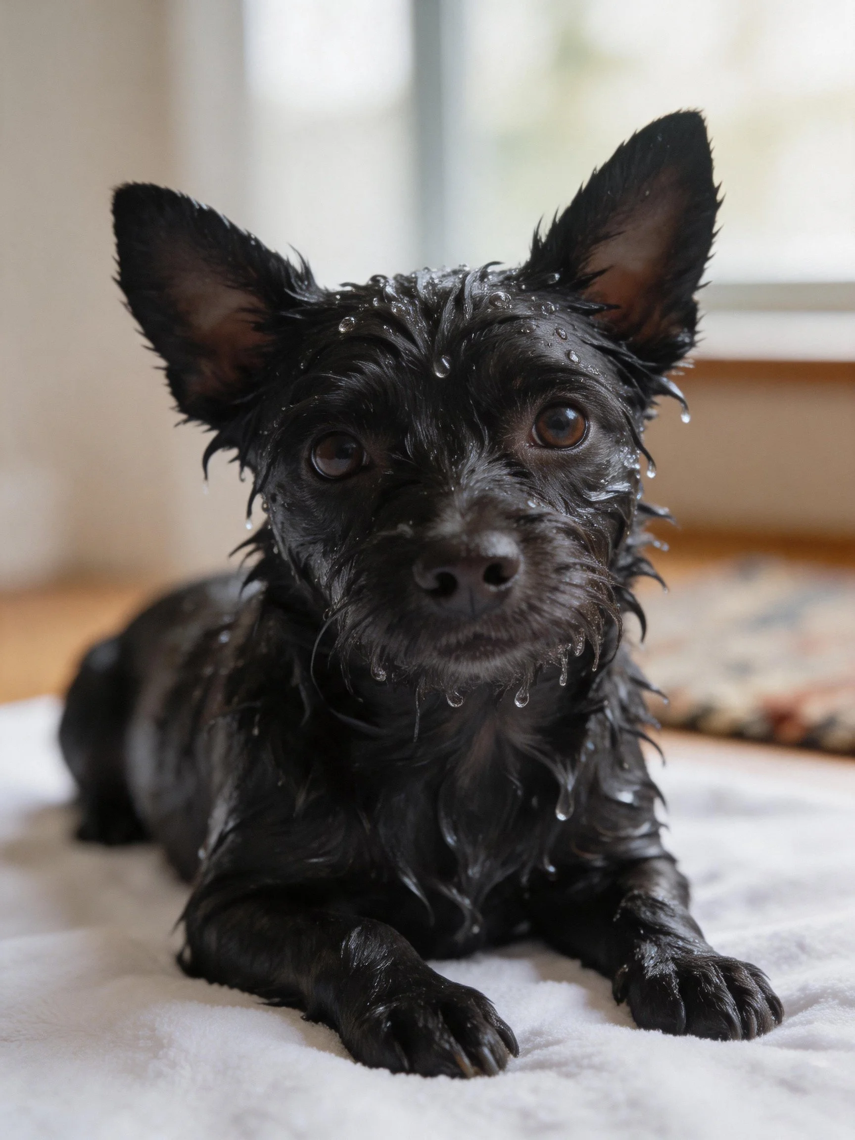 A small black dog rests on a towel after bathing.