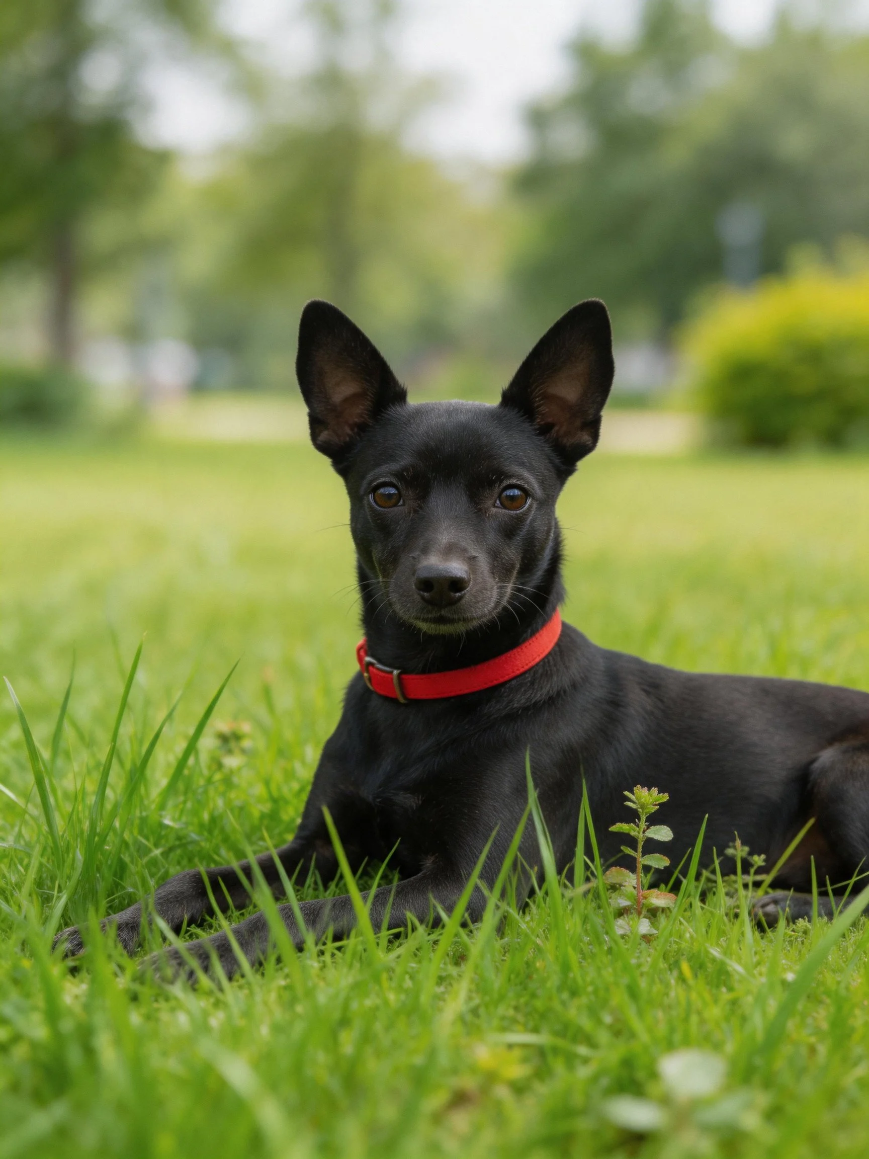 A small black dog lies on lush grass with a red collar in an outdoor area.