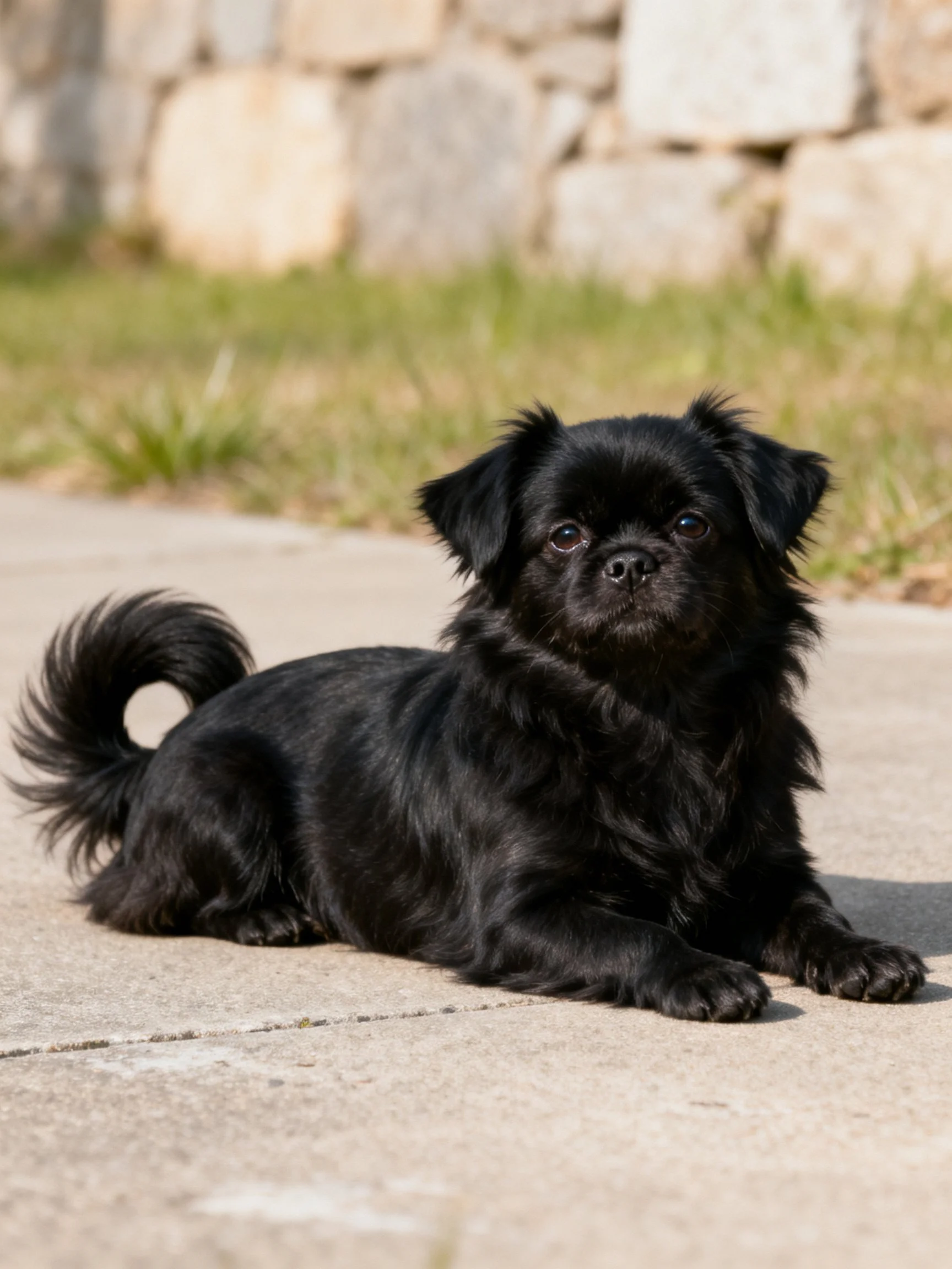 A small black dog lies calmly on a concrete path next to a stone wall.