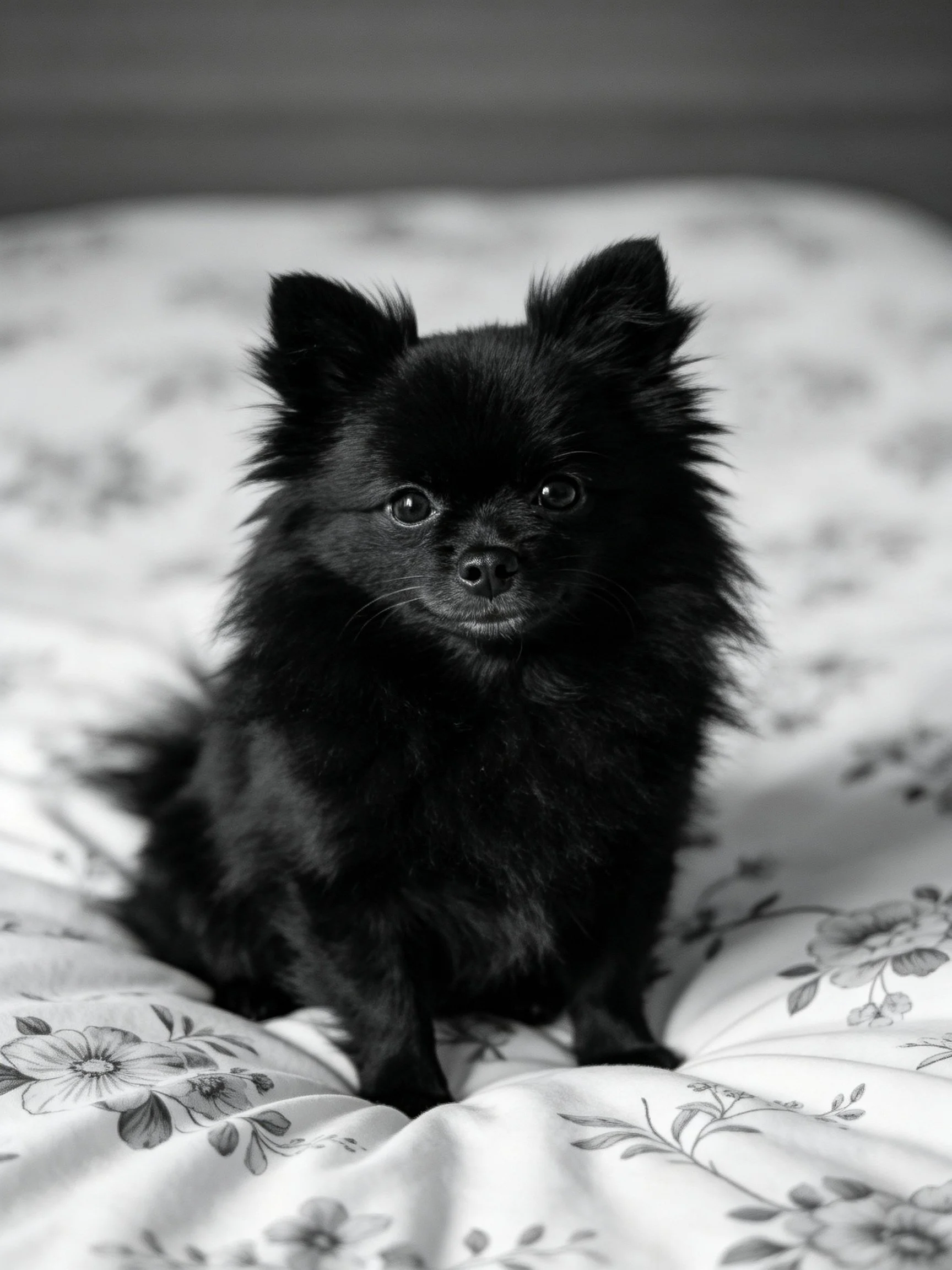 A small black dog sits calmly on a floral-patterned bedding.