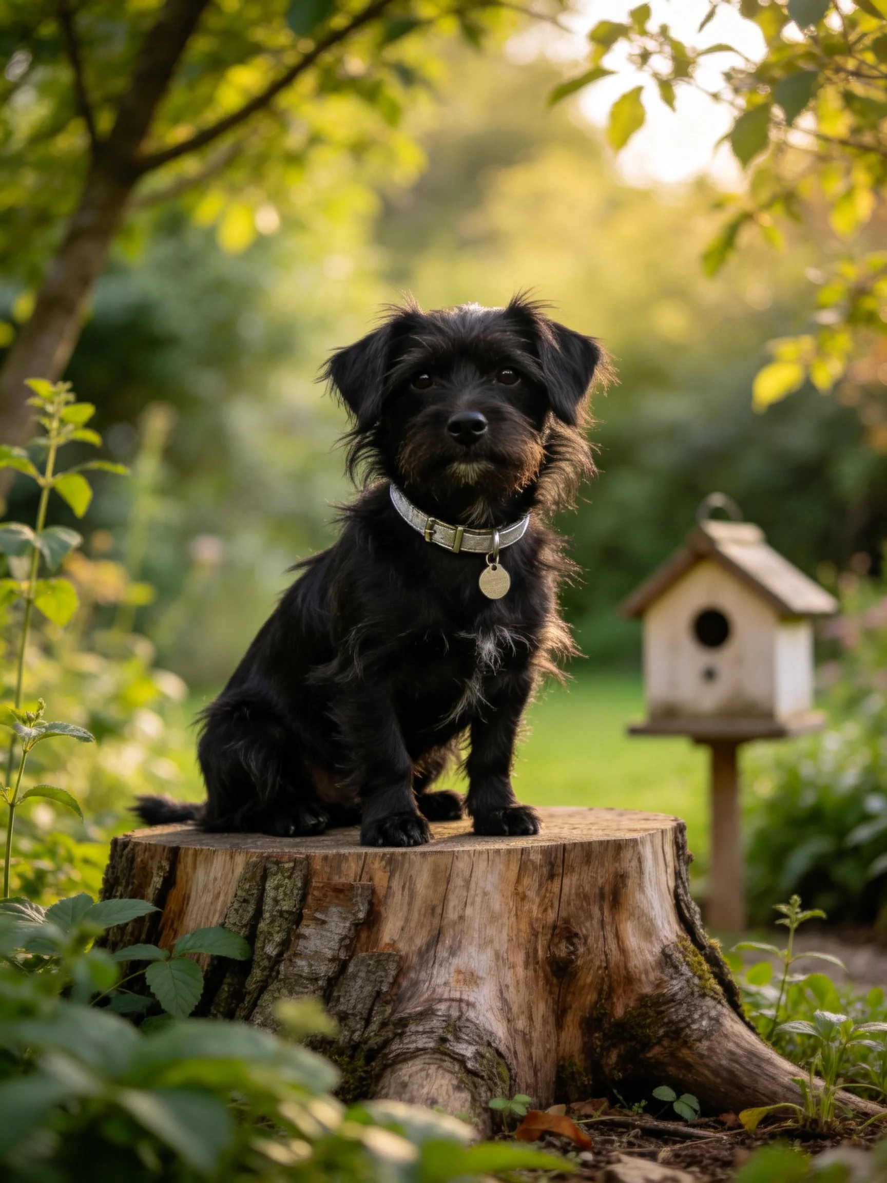 A small black dog sits on a tree stump in a sunlit garden with a birdhouse.