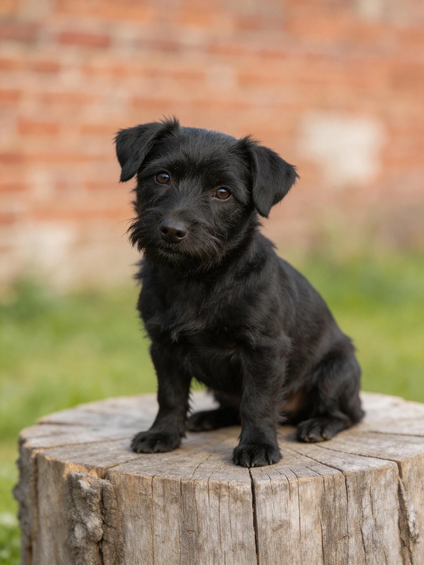 A small black dog sits calmly on a wooden stump with a brick wall and greenery in the background
