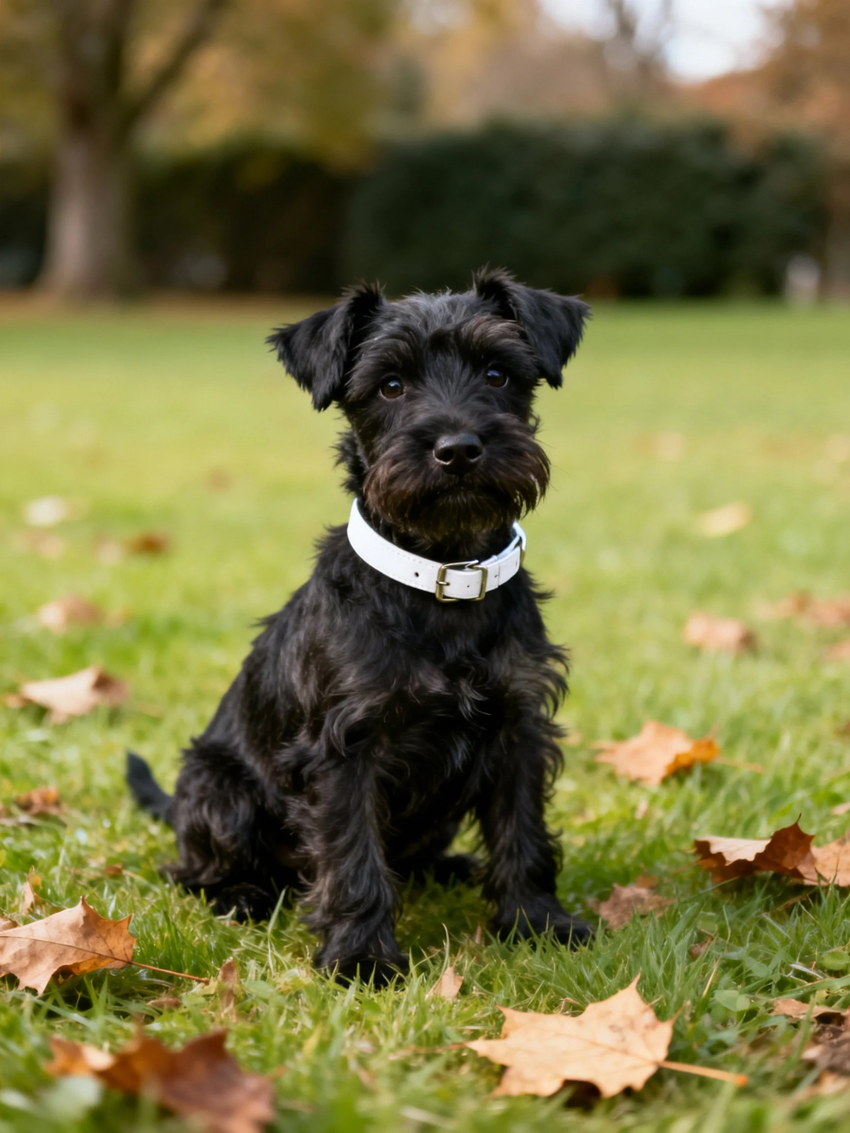 A small black dog sits calmly among scattered autumn leaves on grass.