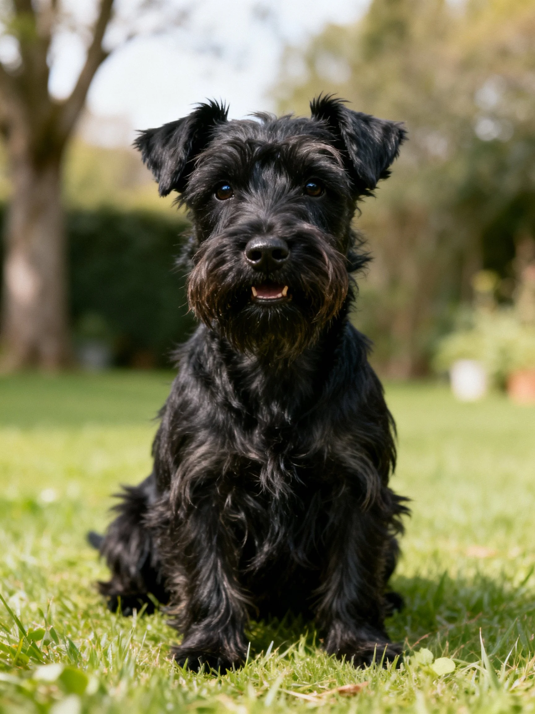 A small black dog sits calmly on green grass in an outdoor setting.