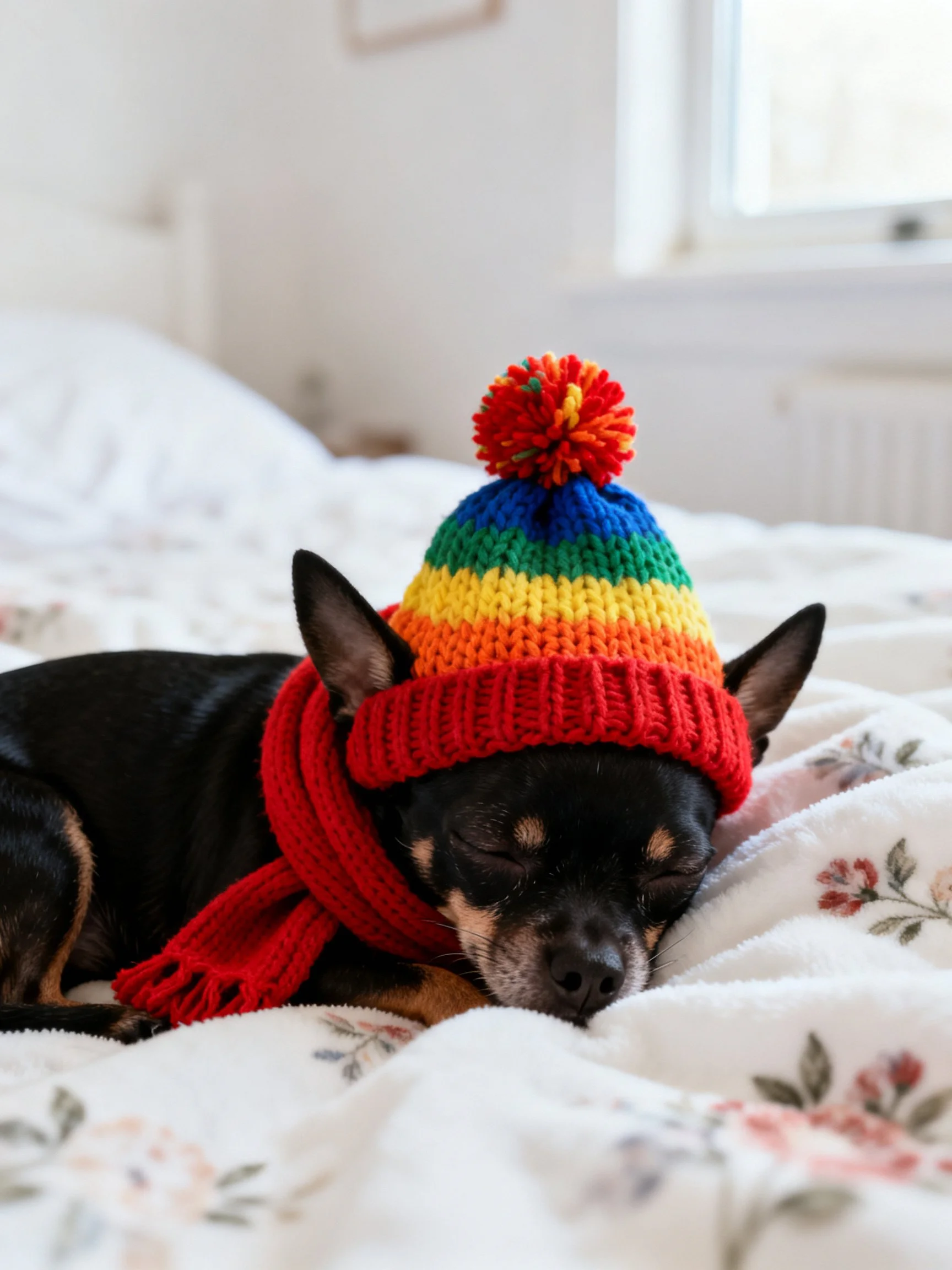 A small black dog sleeps on a floral bed with a rainbow knit hat and red scarf