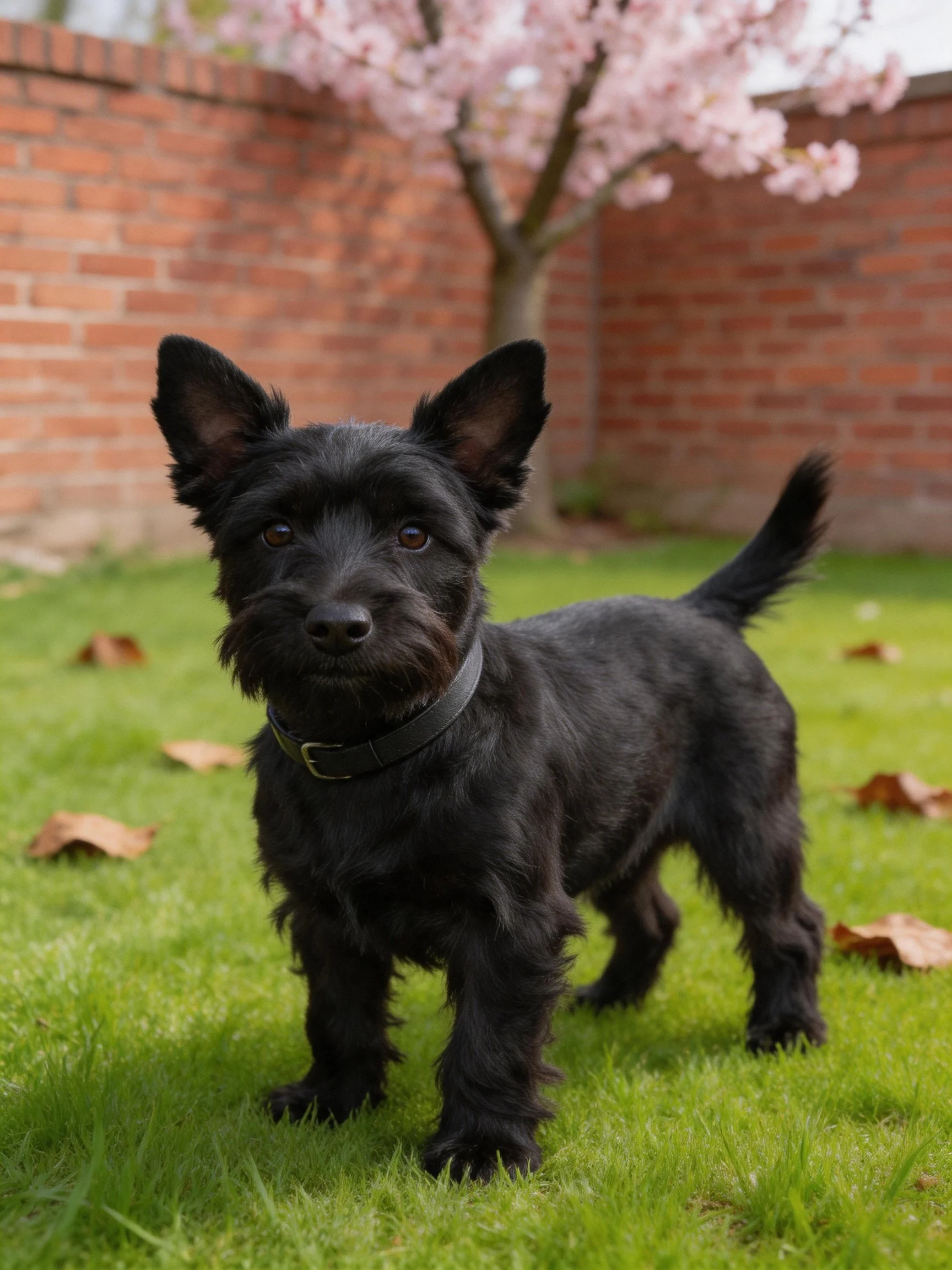 A small black dog stands on green grass near a brick wall with a flowering tree.