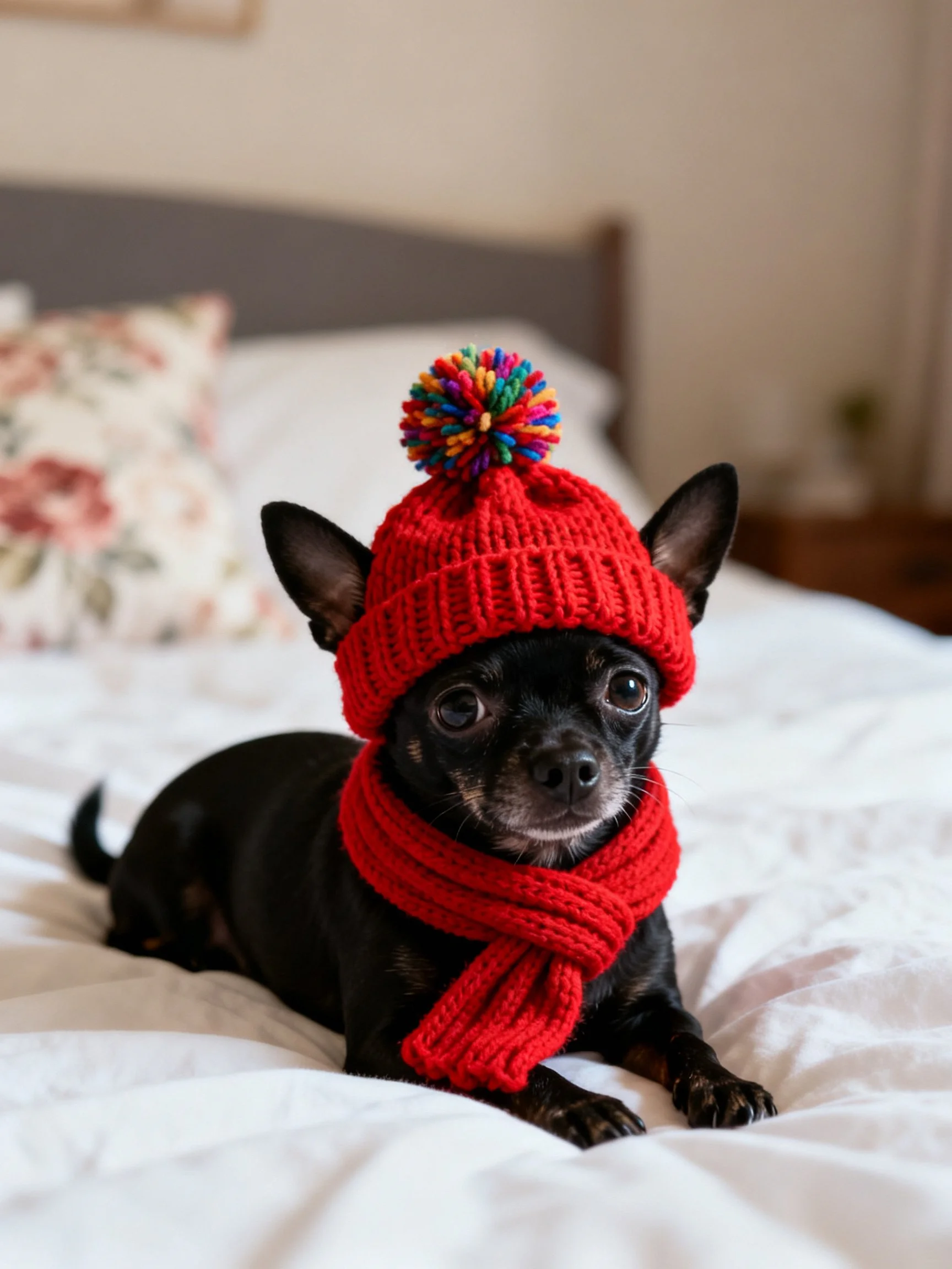 A small black dog wears red knit hat with colorful pom - pom on white bed