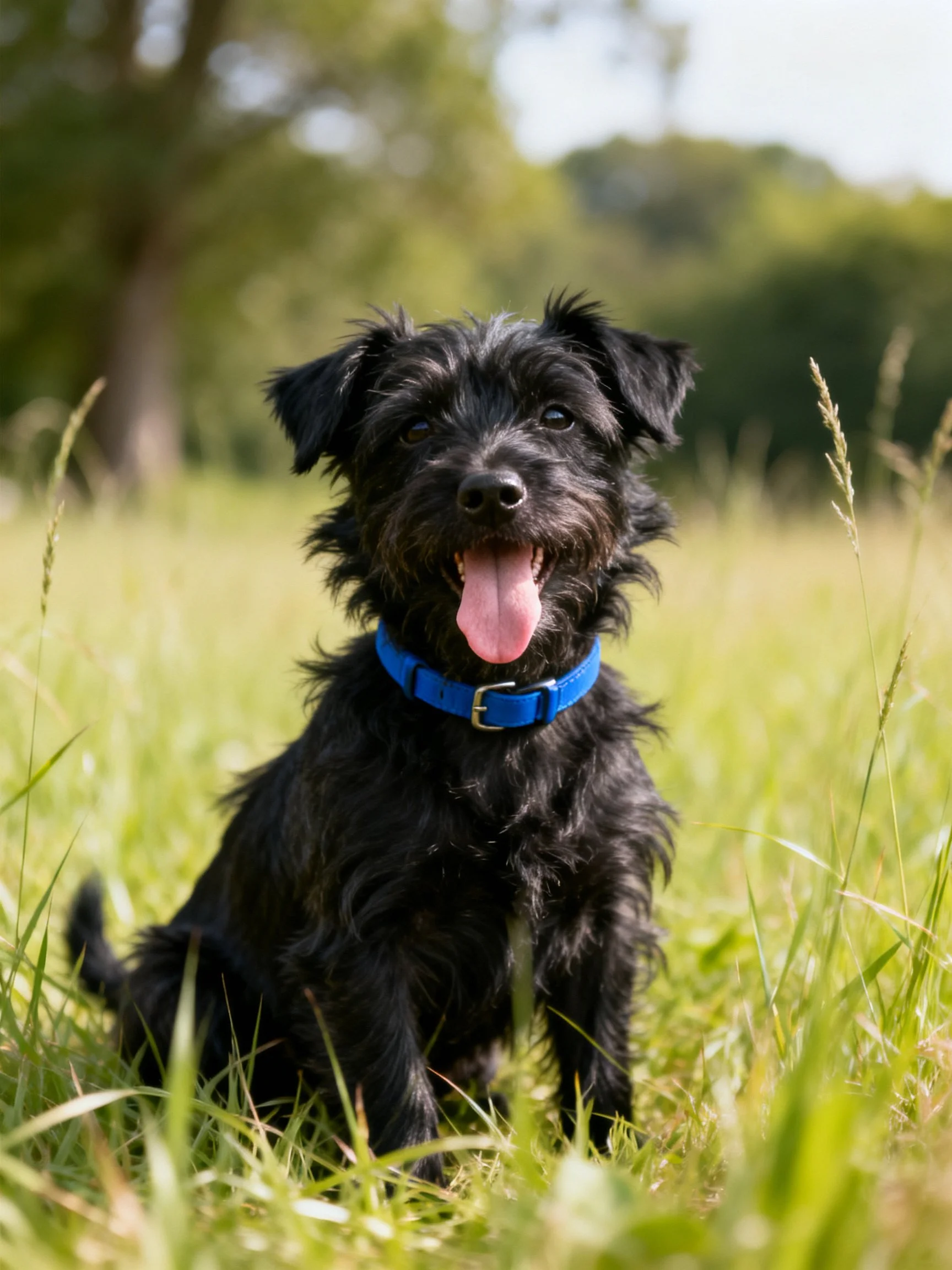 A small black dog with a blue collar enjoys time in tall grass.