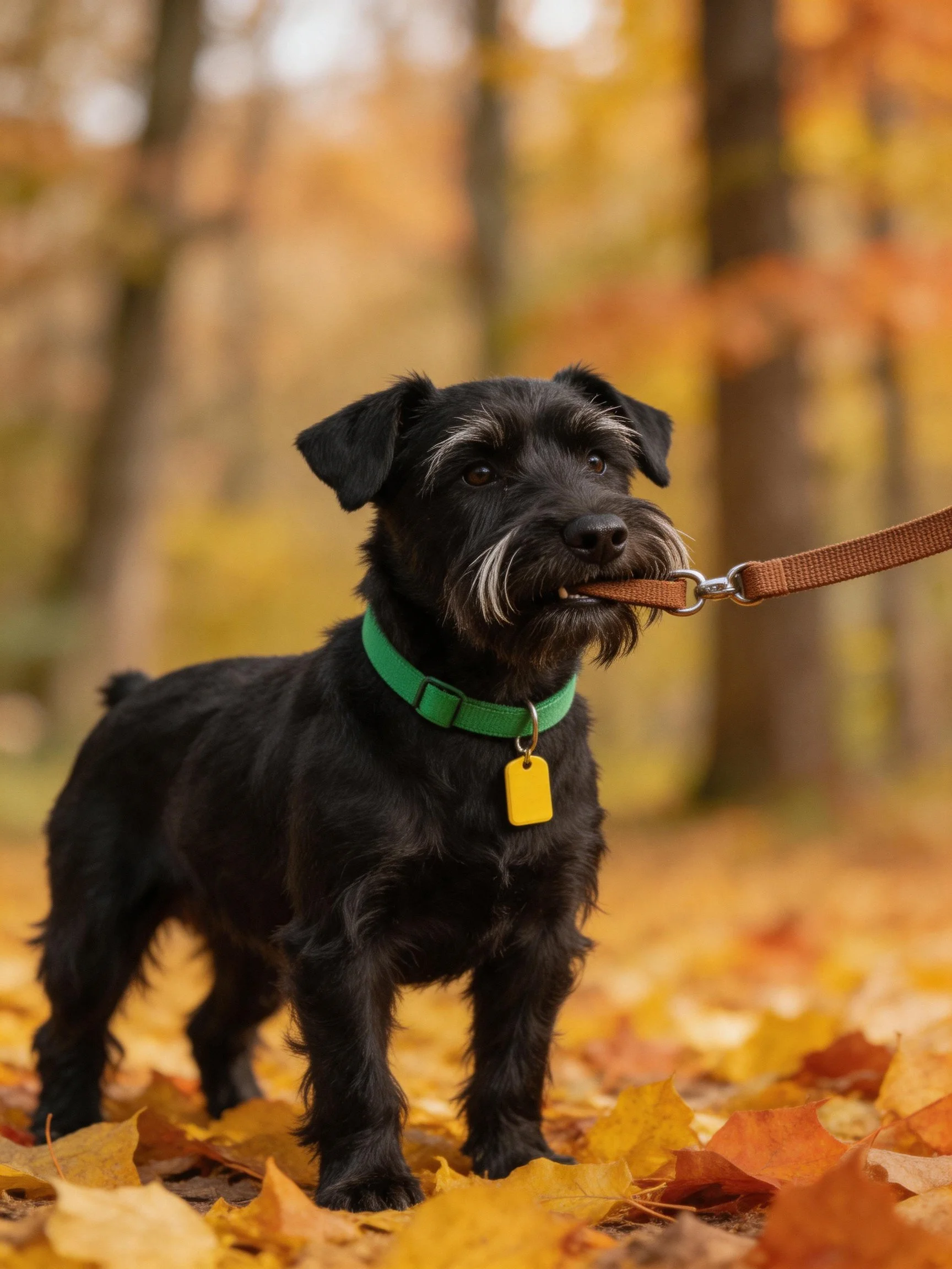 A small black dog grips a leash in its mouth while standing on fallen autumn foliage.