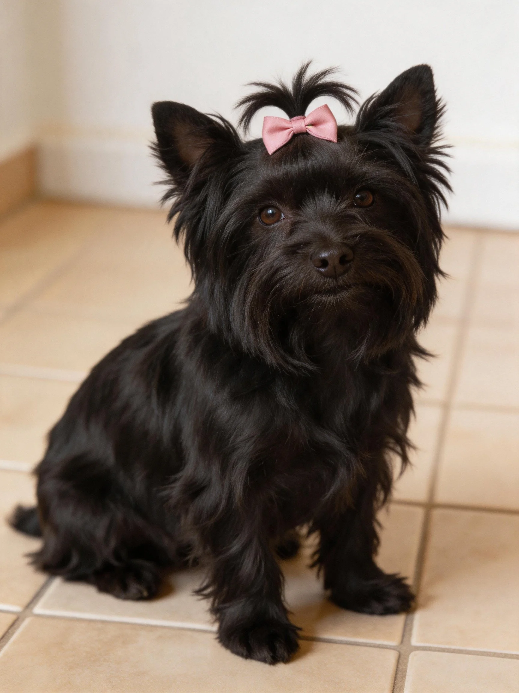 A small black dog wearing a pink bow sits on tiled flooring.