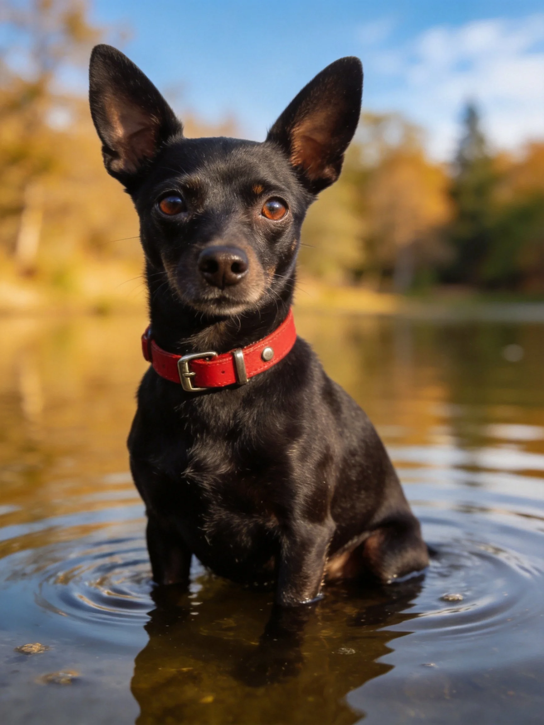 A small black dog with a red collar sits in shallow water outside.