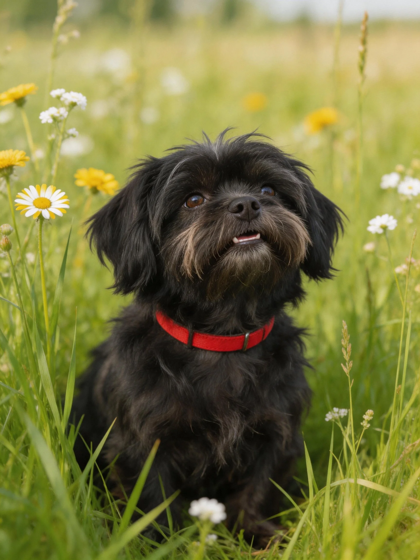 A small black dog with a red collar sits among tall grass and wildflowers in a meadow.
