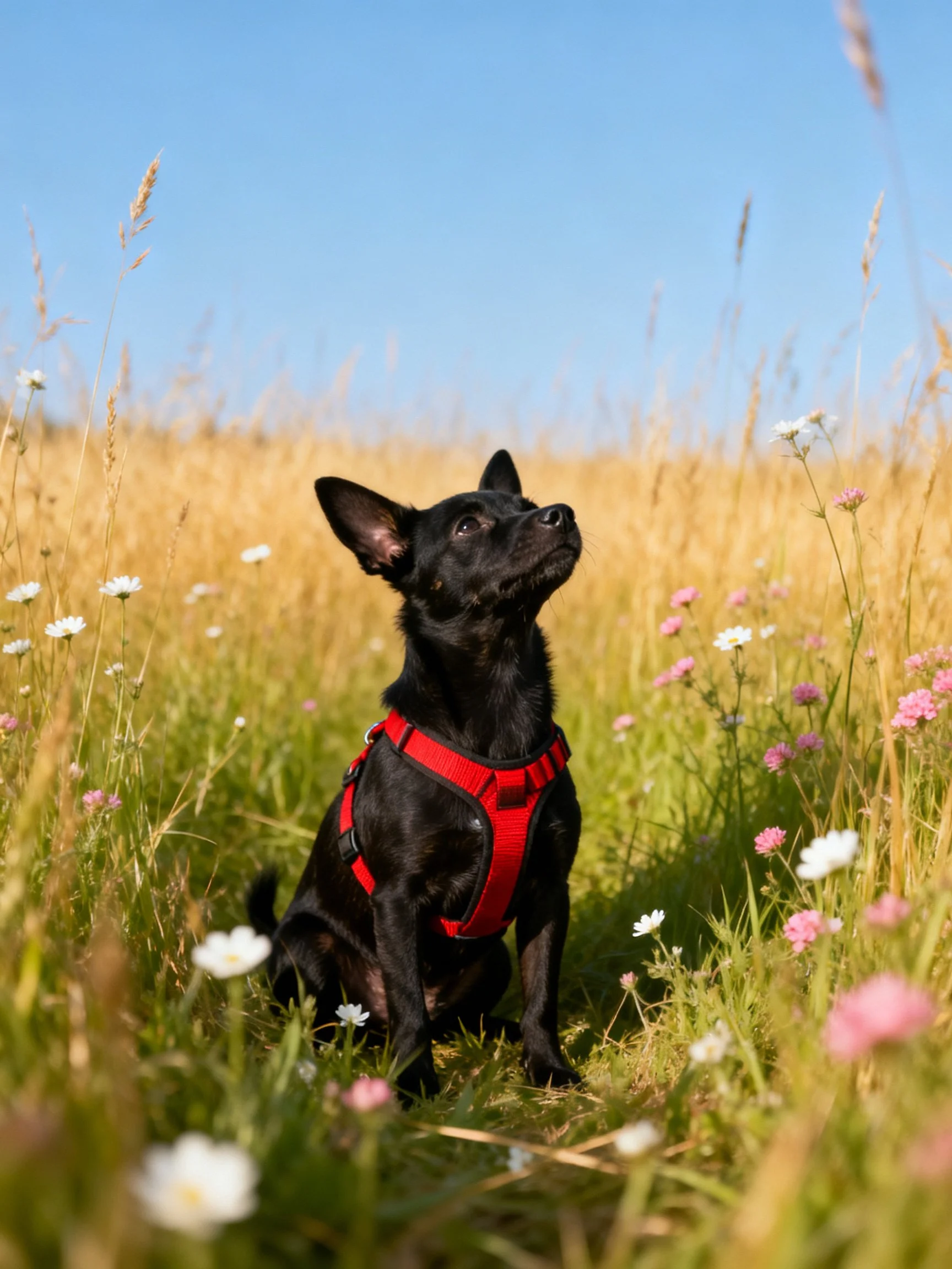 A small black dog with a red harness in a wildflower meadow