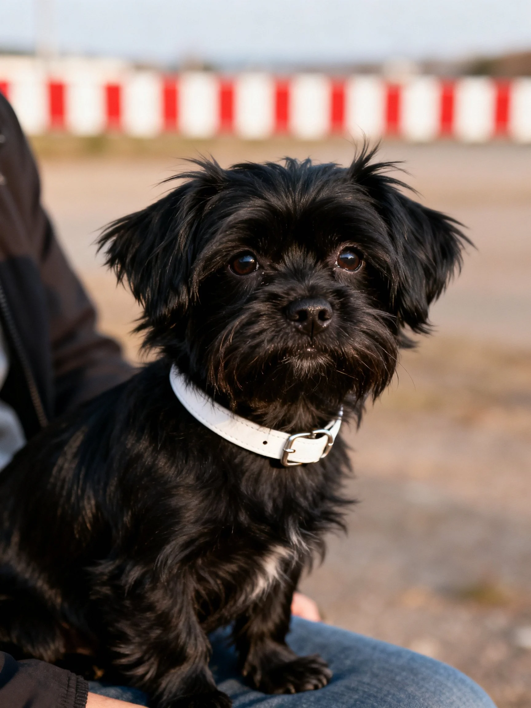 A small black dog wearing a white collar sits on someones lap near red and white structures