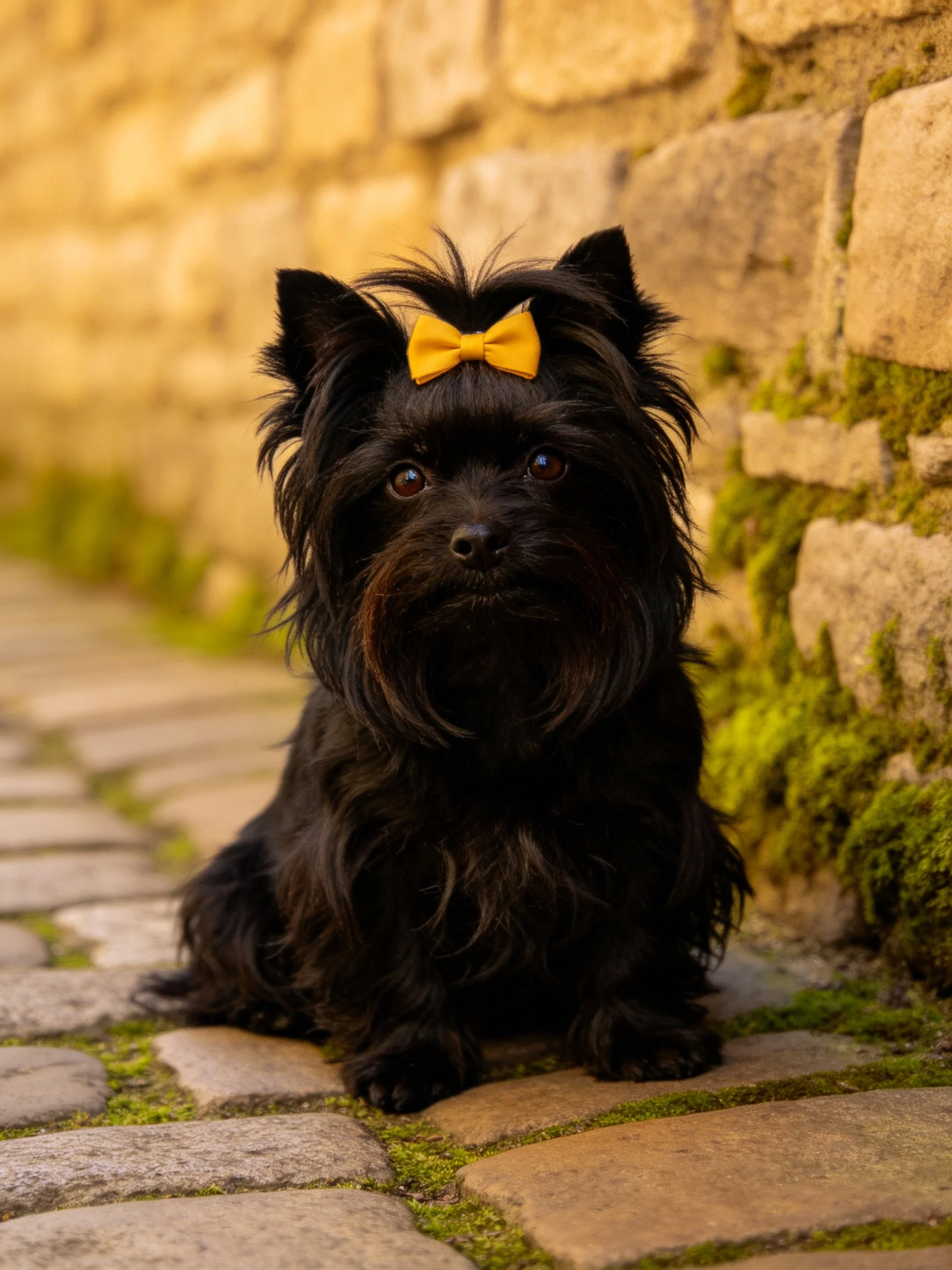 A small black dog with a yellow bow rests beside a stone wall on a cobblestone path.