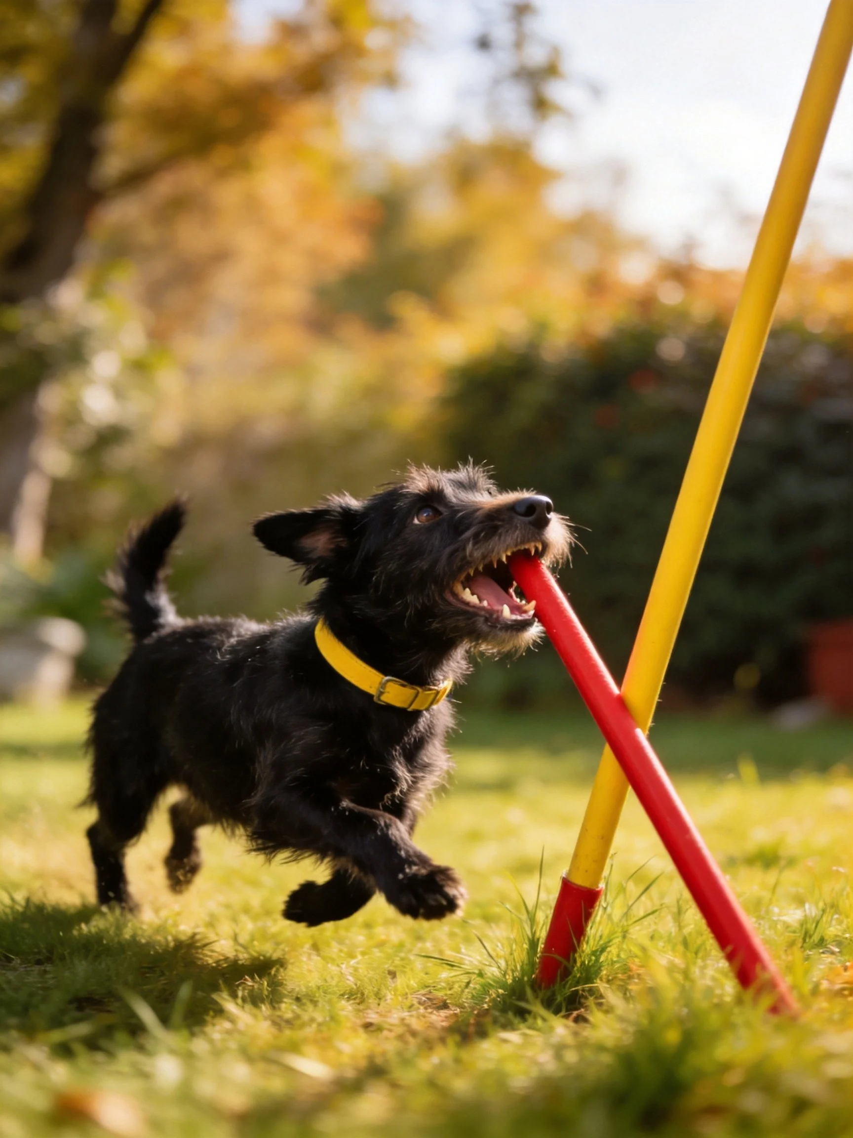 A small black dog navigates colorful agility poles in an outdoor setting