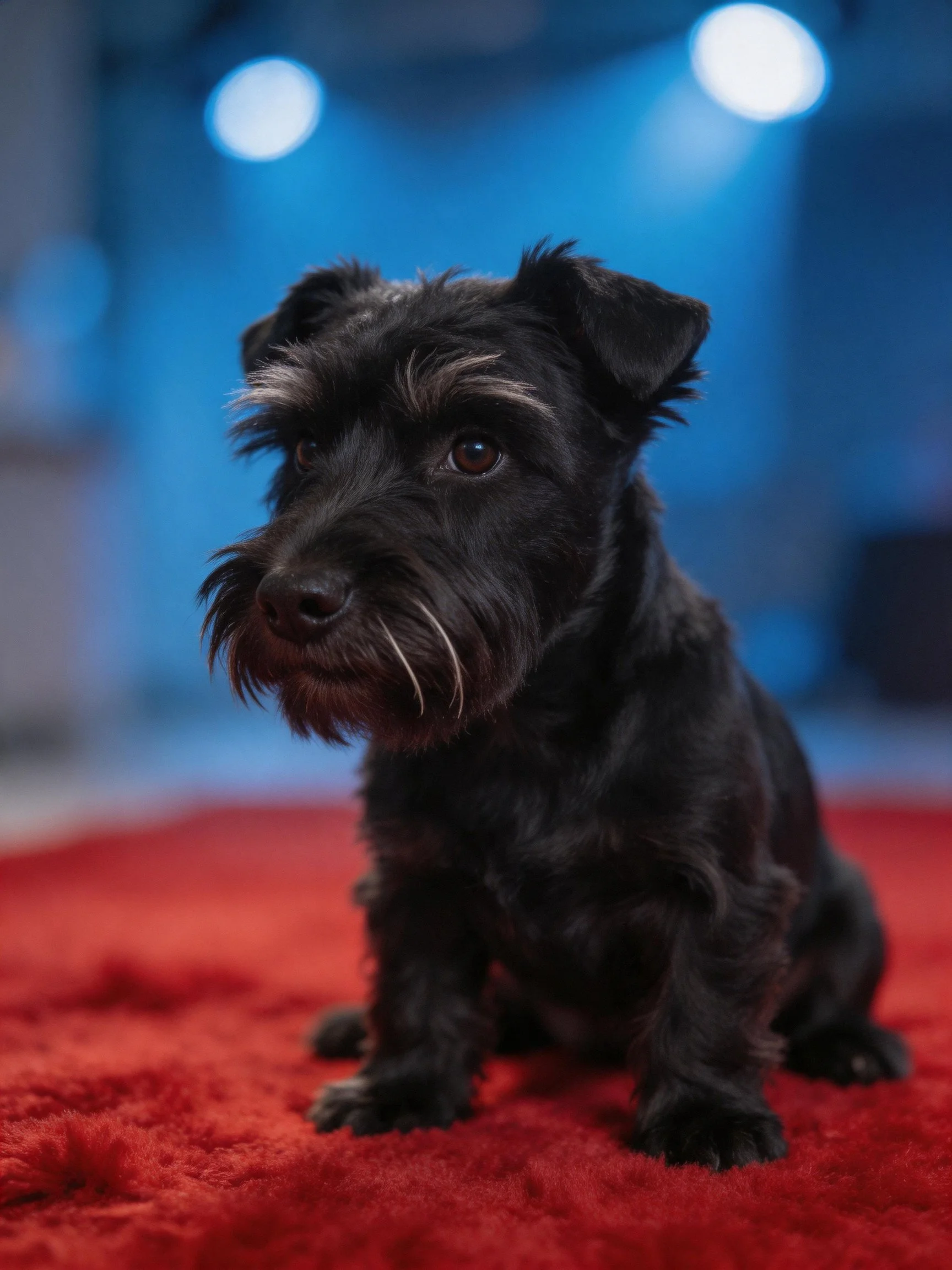 A small black dog sits on a red rug against a blue-lit background.