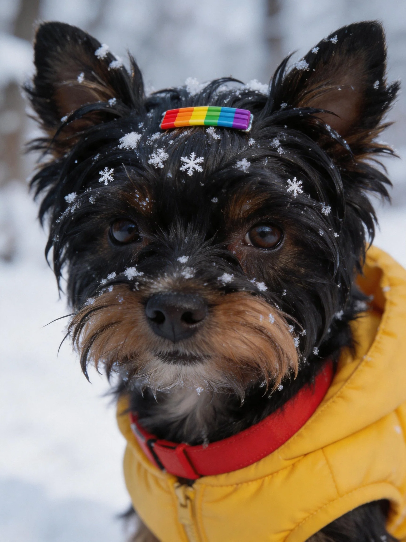 A small dog with snow on its fur is dressed in winter gear and has a colorful accessory.