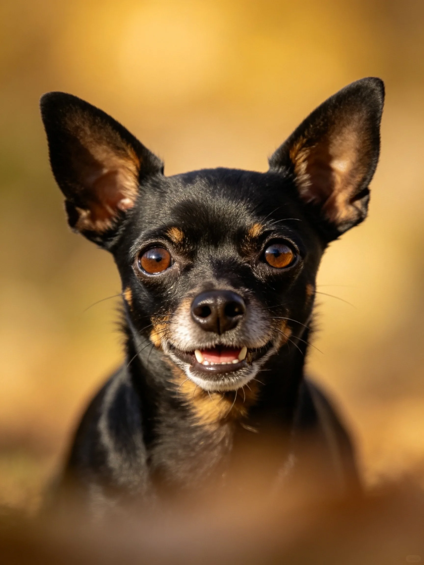 A small black dog with tan markings stands alert against a blurred golden backdrop.
