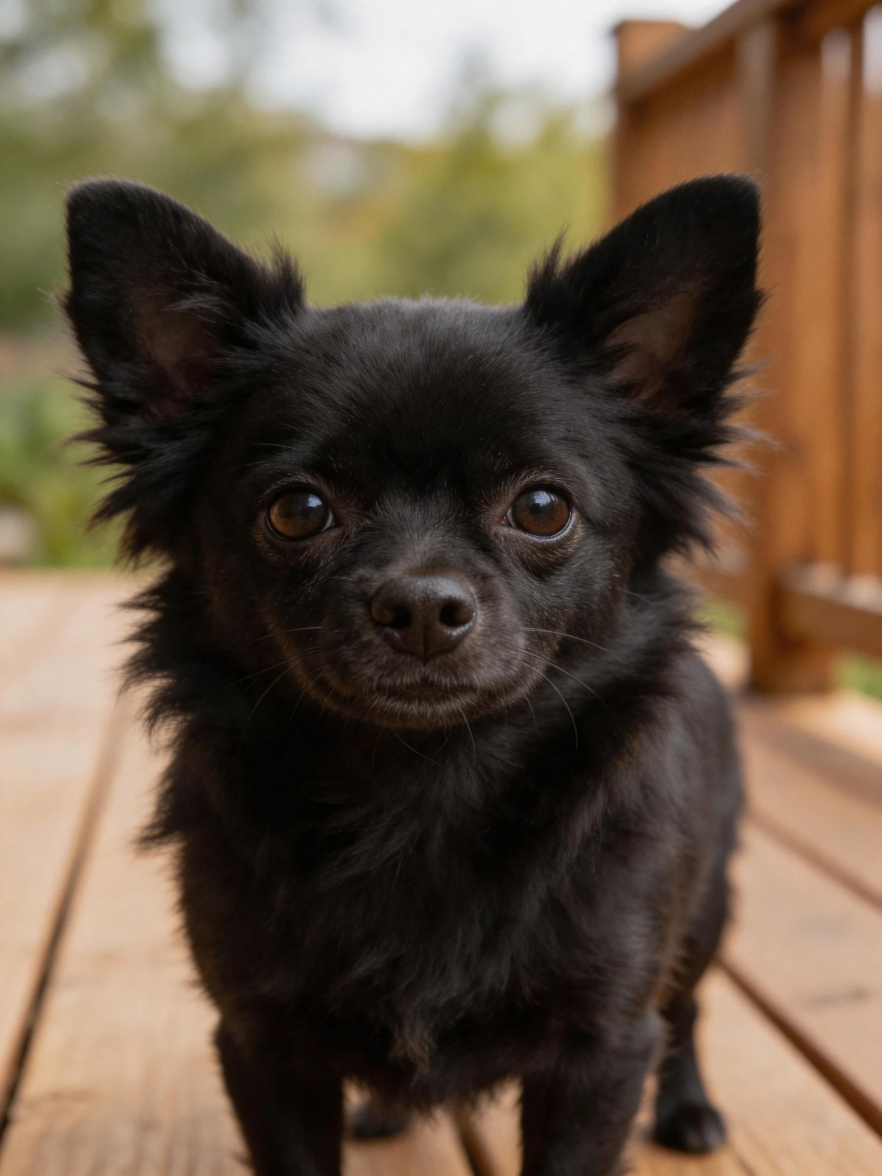 A small black dog stands on a wooden deck in an outdoor area.