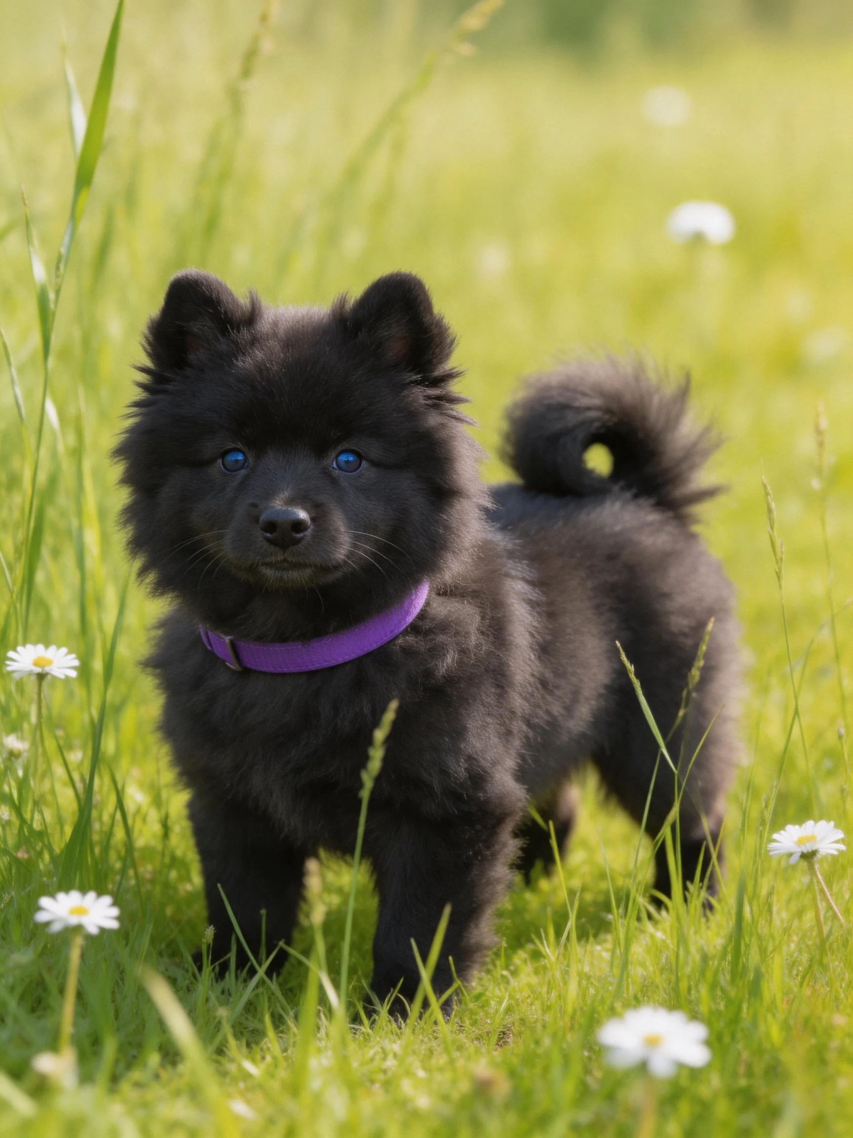 A small black fluffy puppy stands in a sunlit meadow surrounded by tall grass and daisies.