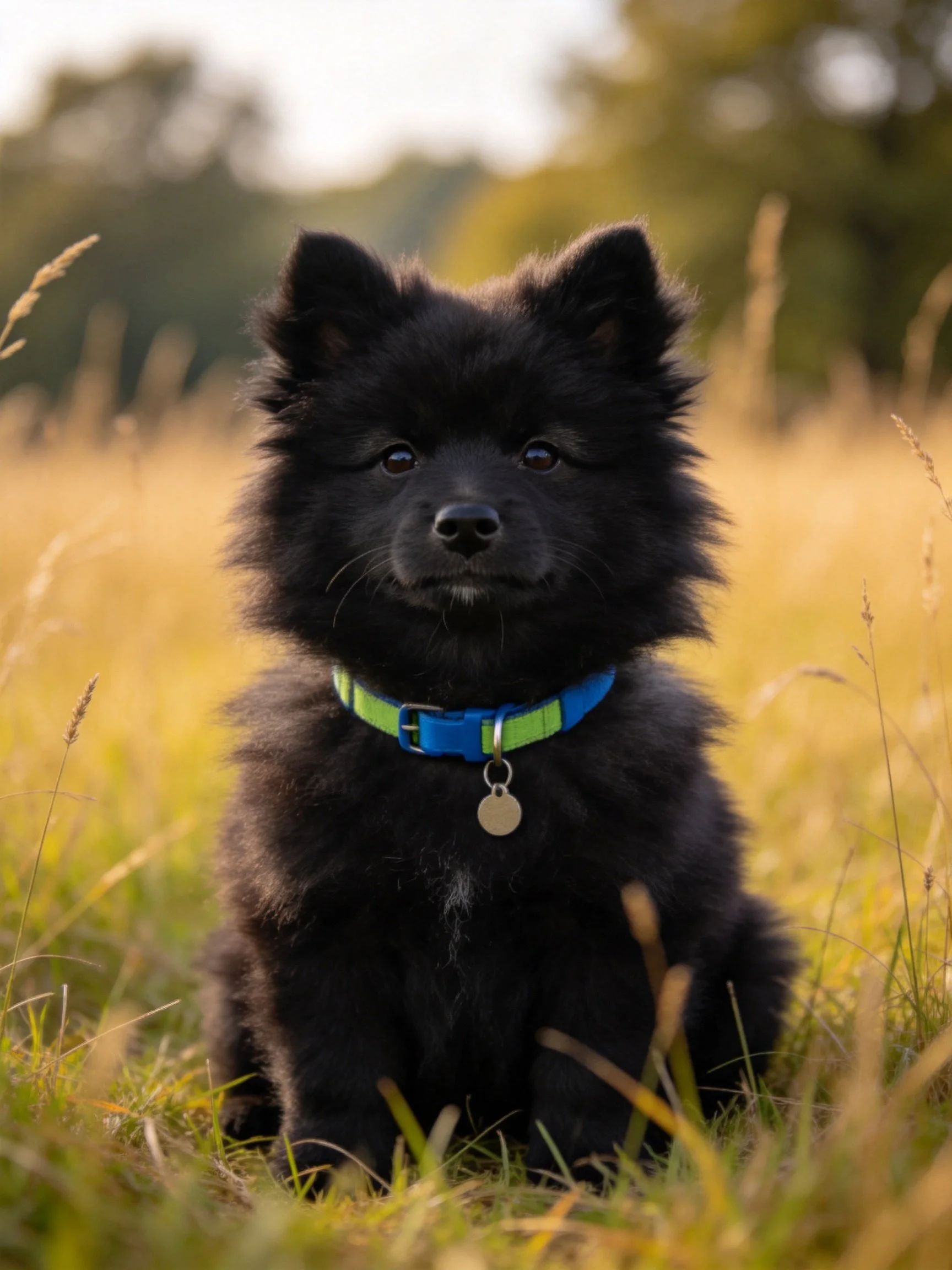 A small black fluffy puppy sits calmly in a sunlit grassy field.