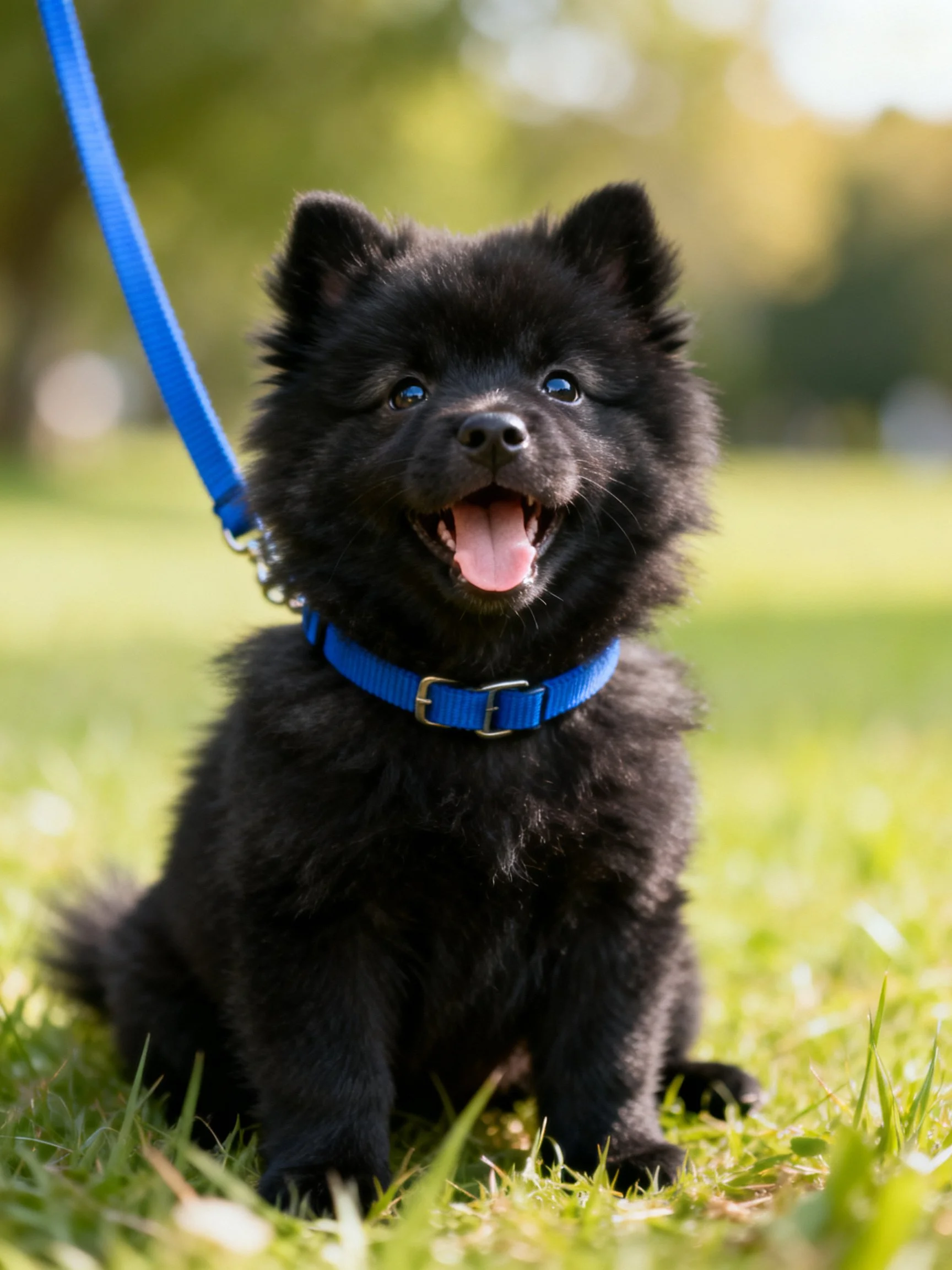 A small black fluffy puppy sits contentedly on grass with a blue leash.