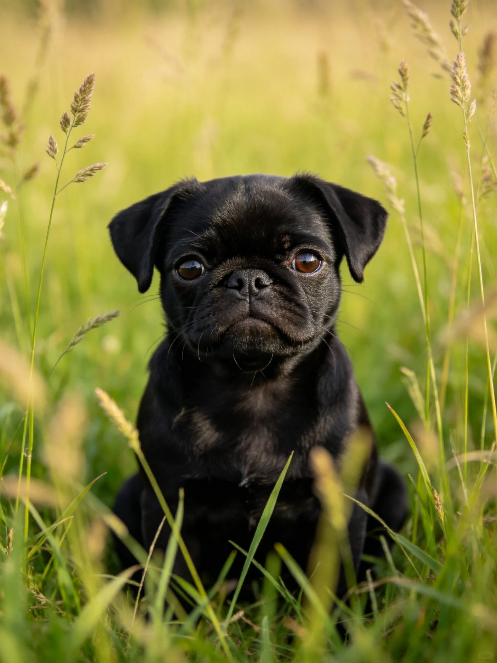 A small black pug puppy sits amid tall green grass.