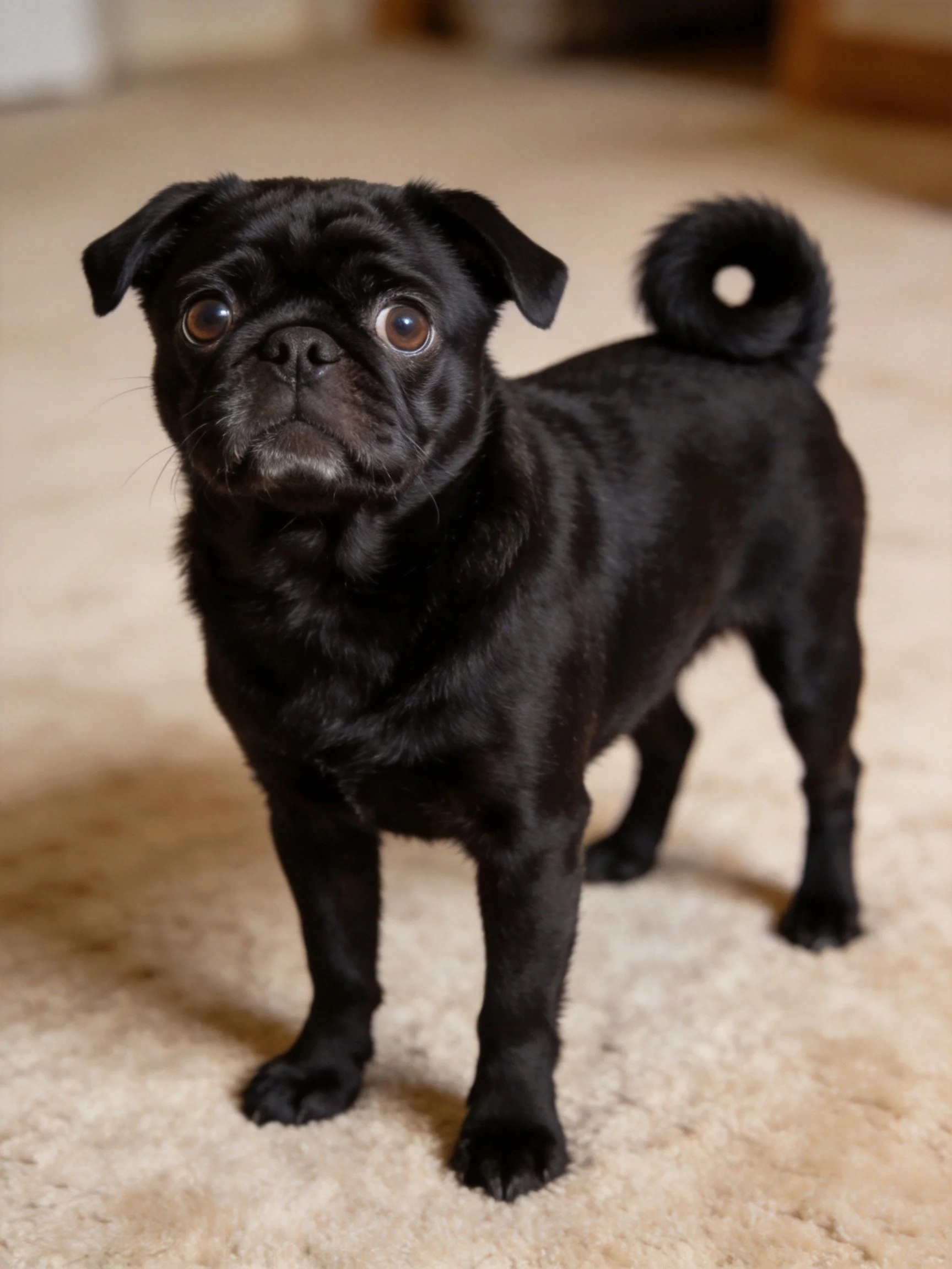 A small black pug stands attentively on a beige carpet.