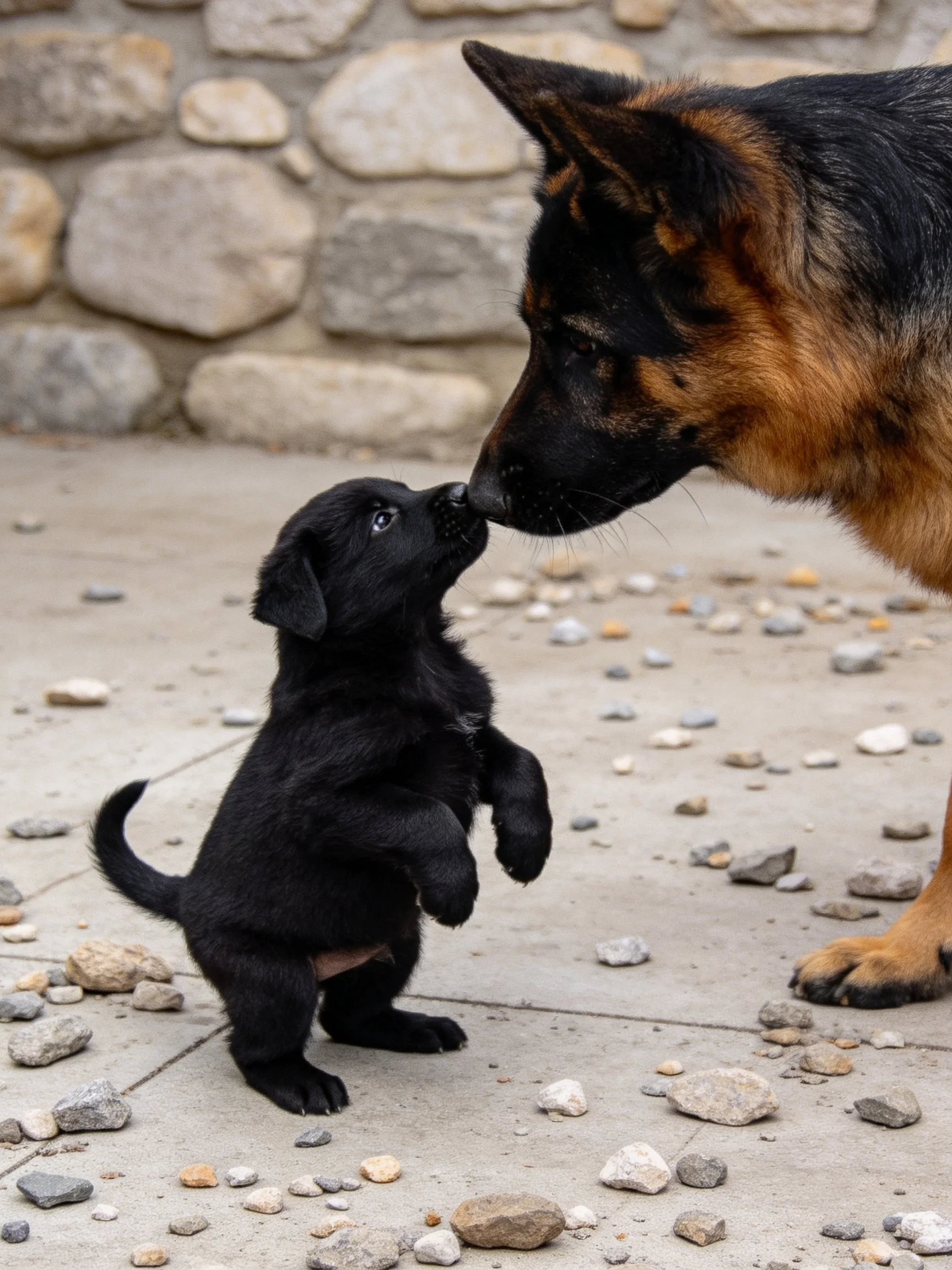 A small black puppy interacts with a large tan-and-black dog near scattered stones