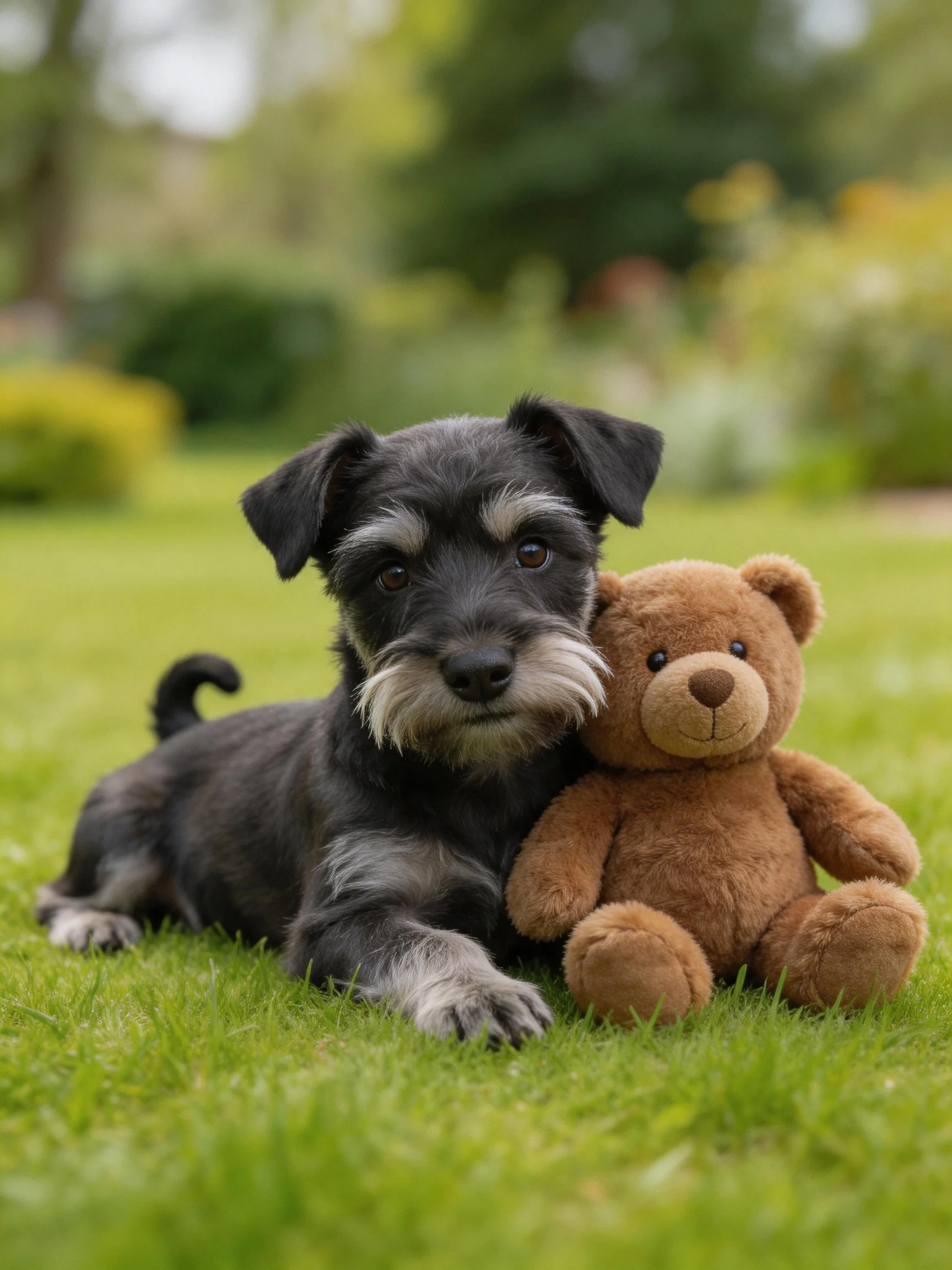 A small black puppy lies next to a brown teddy bear in an outdoor setting.