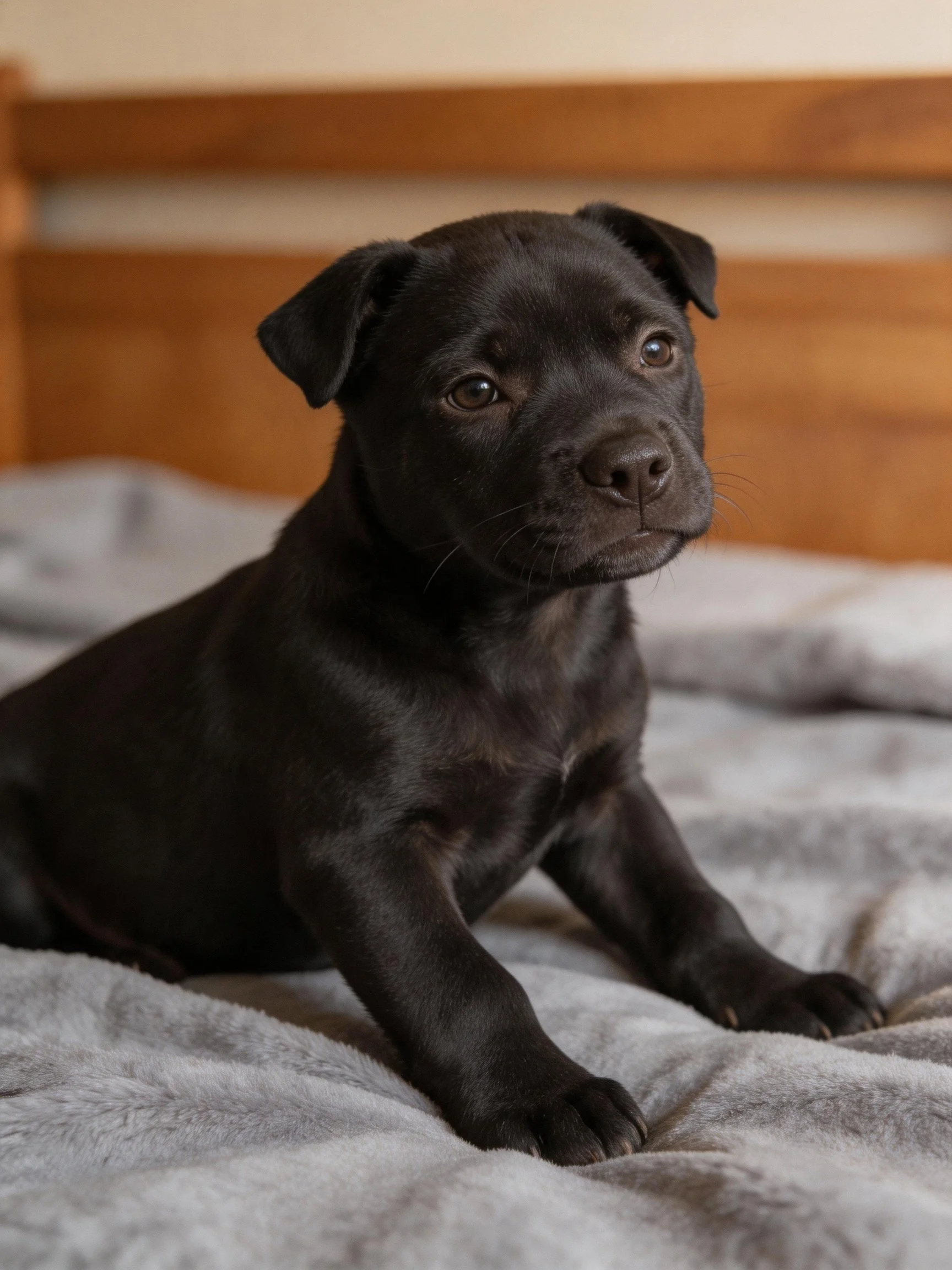 A small black puppy relaxes on a gray blanket next to a wooden headboard