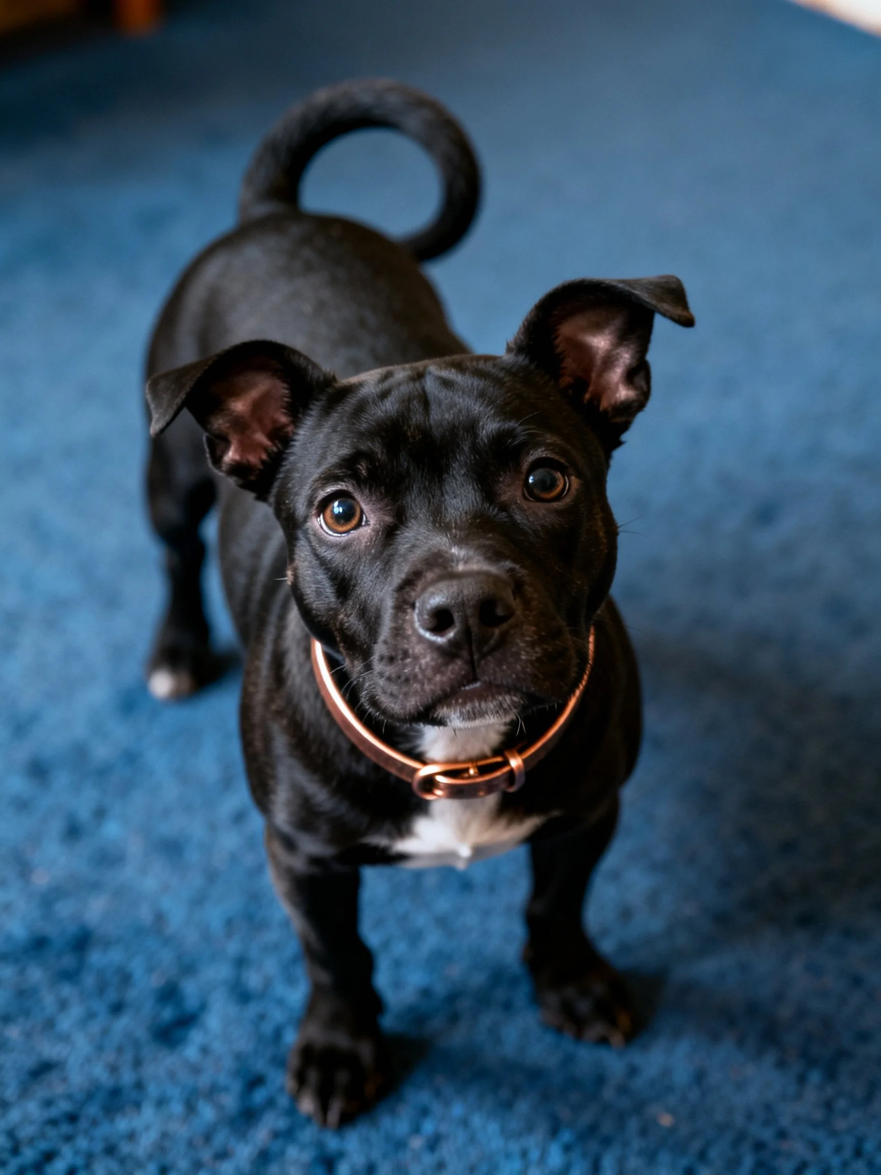 A small black puppy with a copper collar stands on a blue carpet