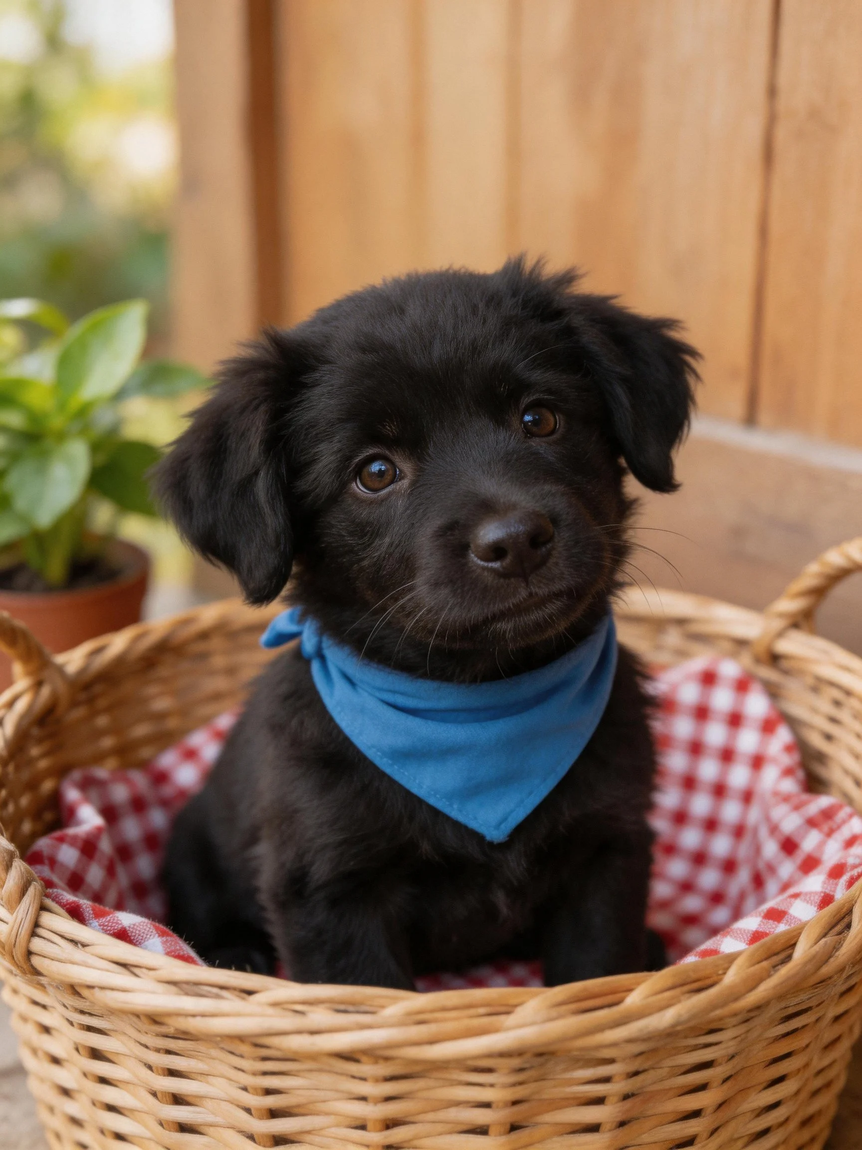 The puppy sits calmly in a wicker basket with a blue bandana.