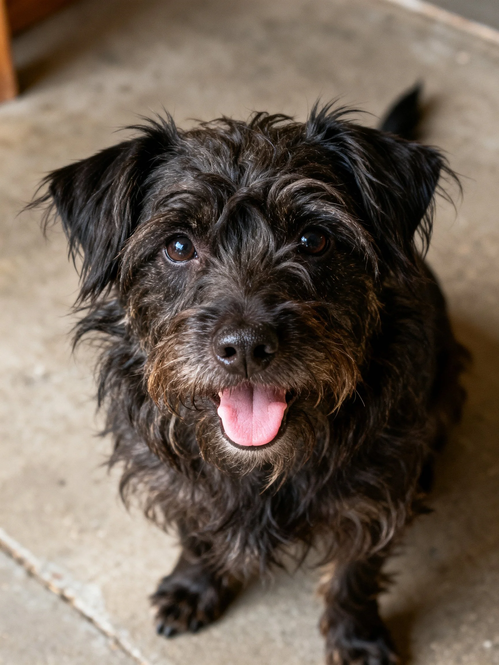A small black shaggy dog with a pink tongue sits on a concrete surface.