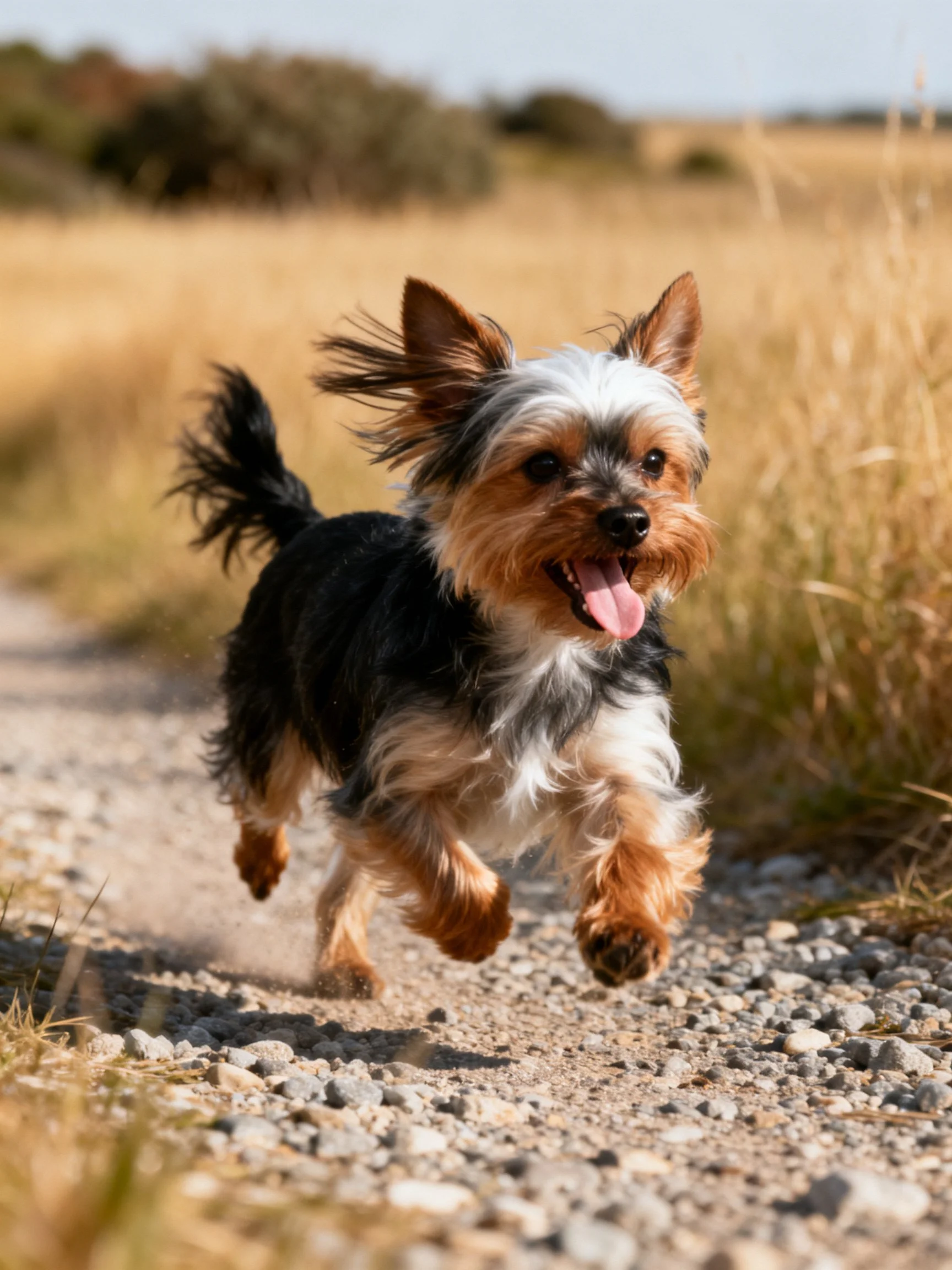 A small multicolored dog joyfully runs along an outdoor gravel path.