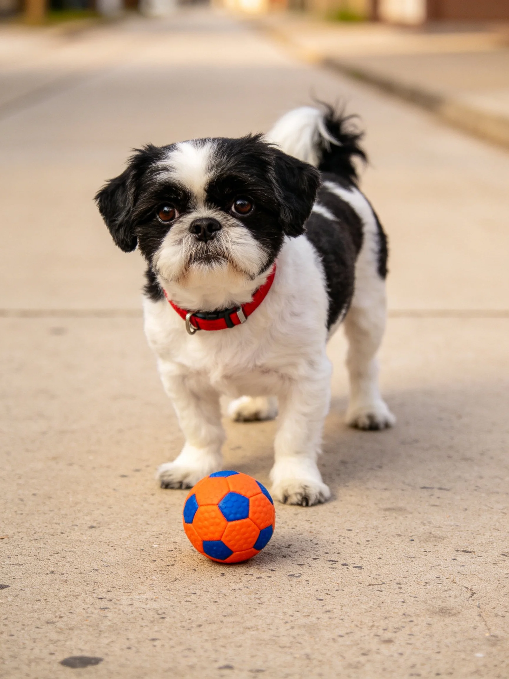 A small black - white dog stands next to an orange - blue ball on a sidewalk.